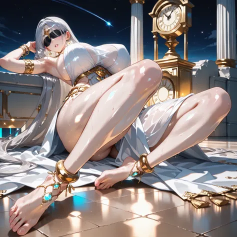 (SuperQuality:1.0) ~ (SuperQuality:1.2), detailxl, 1girl, High Resolution, Best Quality, High Details, Super Detailed, Large Breast, Earrings, White Dress, White Temple in the Sky, Purpe light, Covered Eyes, Goddes, Silver Hair, Very Long Hair, View From B...