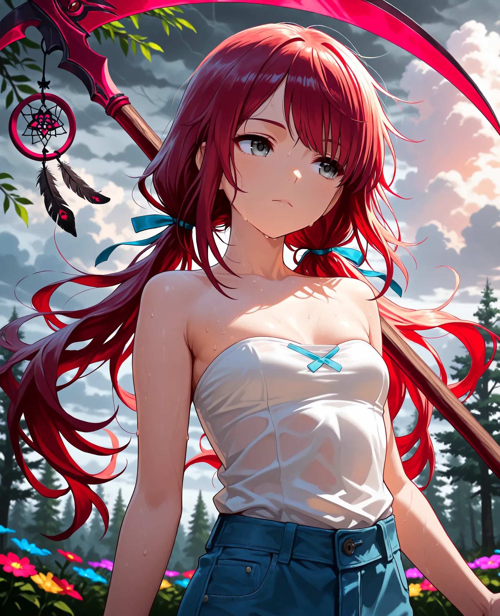 (masterpiece:1.2, Best Quality), (finely detailed beautiful eye: 1.2), (beautiful detailed face), sweat, close up, expressionless, blue ribbons, hair ribbons, strapless sleeveless shirt, white shirt, blue jeans,, small breast, dark red hair, long low twin ...