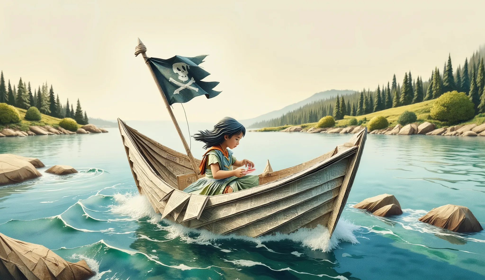 whimsical art style, illustration, a girl in a paper boat (origami style), made of newspaper pages, on the boat there is a pirate flag, the boat is on the sea heading towards an island with a forest and vegetation, illustration, whimsical art style, fun im...