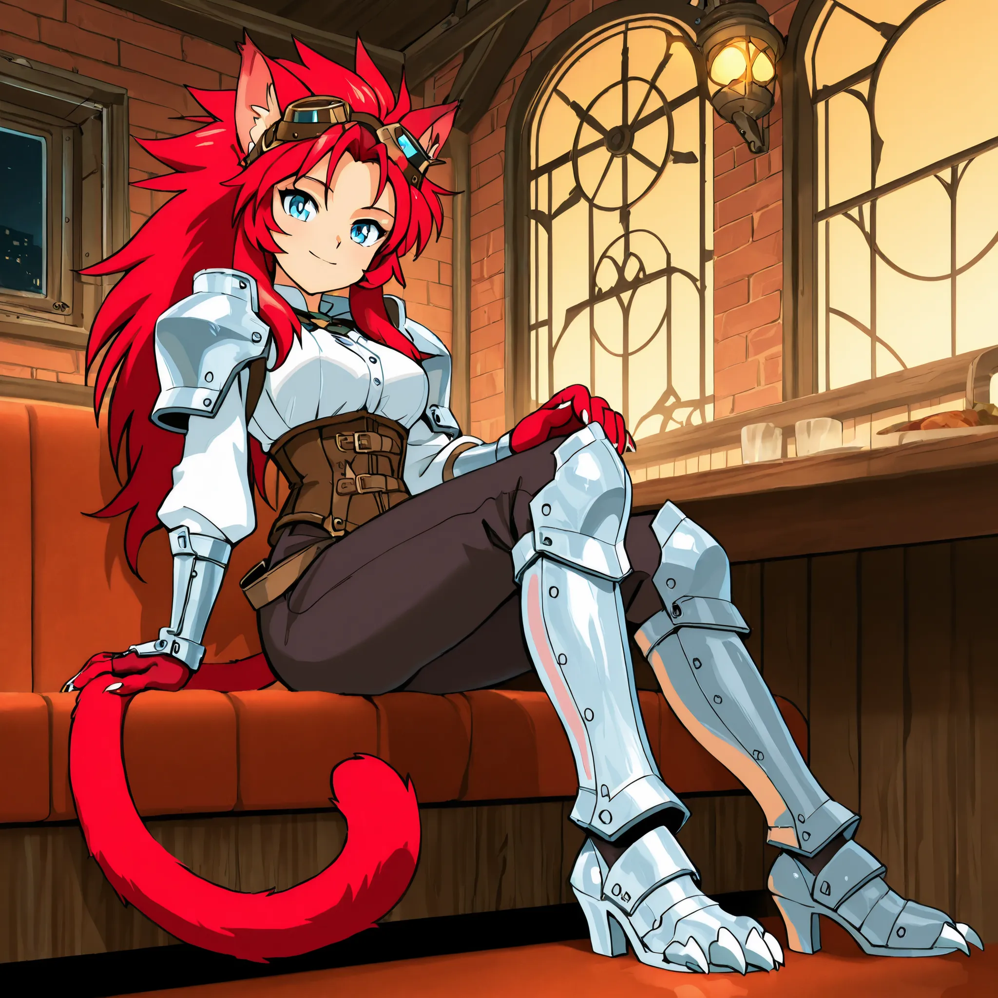 best quality, masterpiece, 2d, intricate details, anime, anime style, full body picture, catgirl, 1girl, red hair, spiked hair, blue eyes, enchanting eyes, wild hair, long hair, small smile, animal ears, red ears, red cat tail, cat ears, thighs, red hands,...