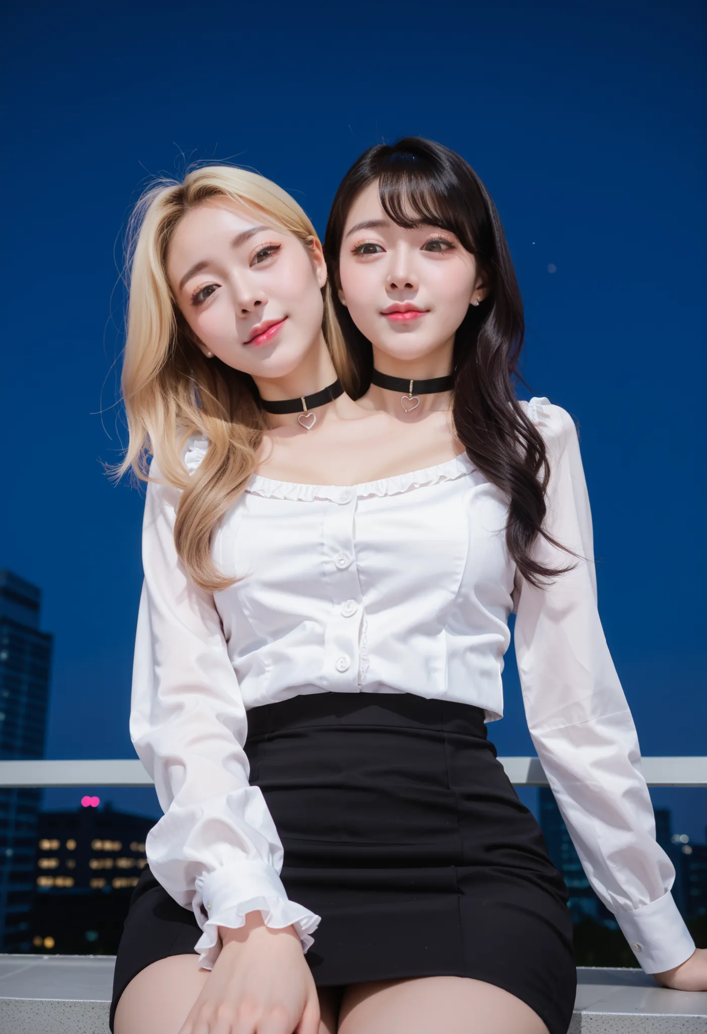 half-body shot, low angle shot, photorealistic, best resolution,korean woman with two heads, 2girls, different faces, heart-shaped face, rectangular face, button nose, straight nose, blonde hair, black hair, different hair lengths, long hair, short hair,...