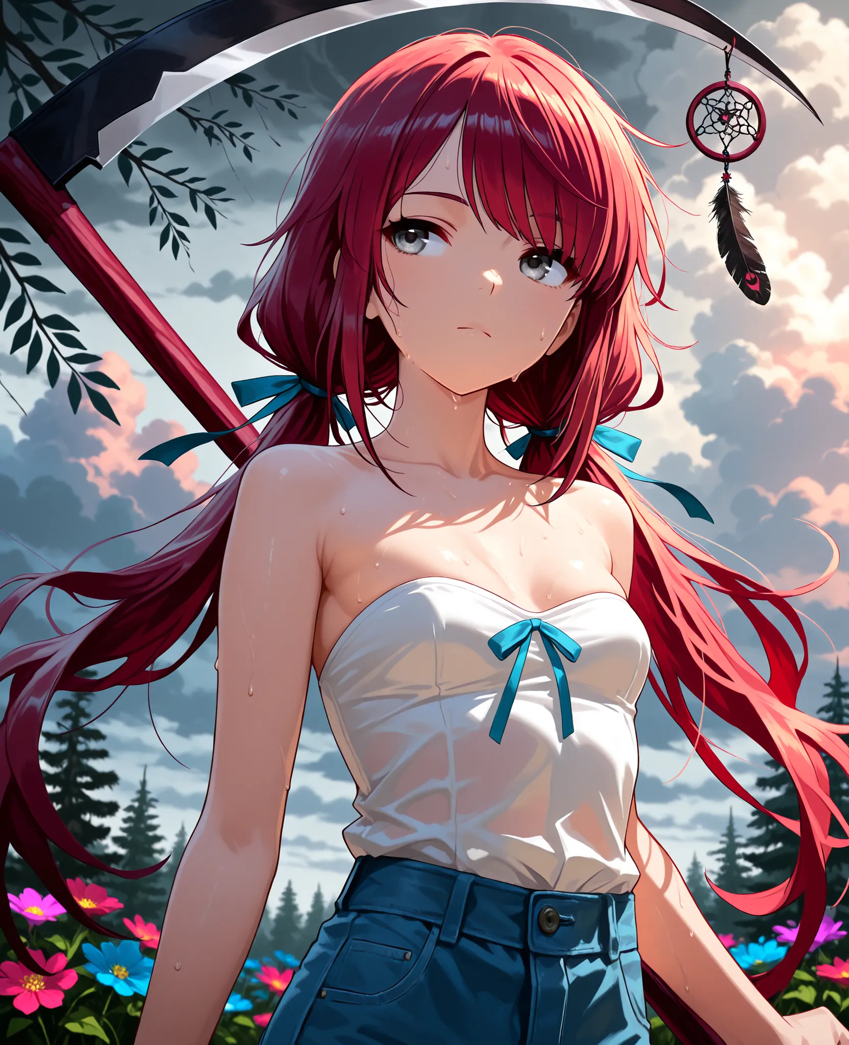 (masterpiece:1.2, Best Quality), (finely detailed beautiful eye: 1.2), (beautiful detailed face), sweat, close up, expressionless, blue ribbons, hair ribbons, strapless sleeveless shirt, white shirt, blue jeans,, small breast, dark red hair, long low twin ...