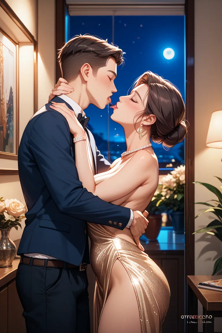 bar backless fashion design dress, Without Fraction_9, Fraction_8_up, Fraction_7_up, source_Japanese cartoon, 1boy, 1 Girl,  mature woman in sexy revealing clothes ,  necklace, mother and son, , kiss , Romantic, at night, In the living room, (Against the wall) (From the back) boy  , mom kiss son