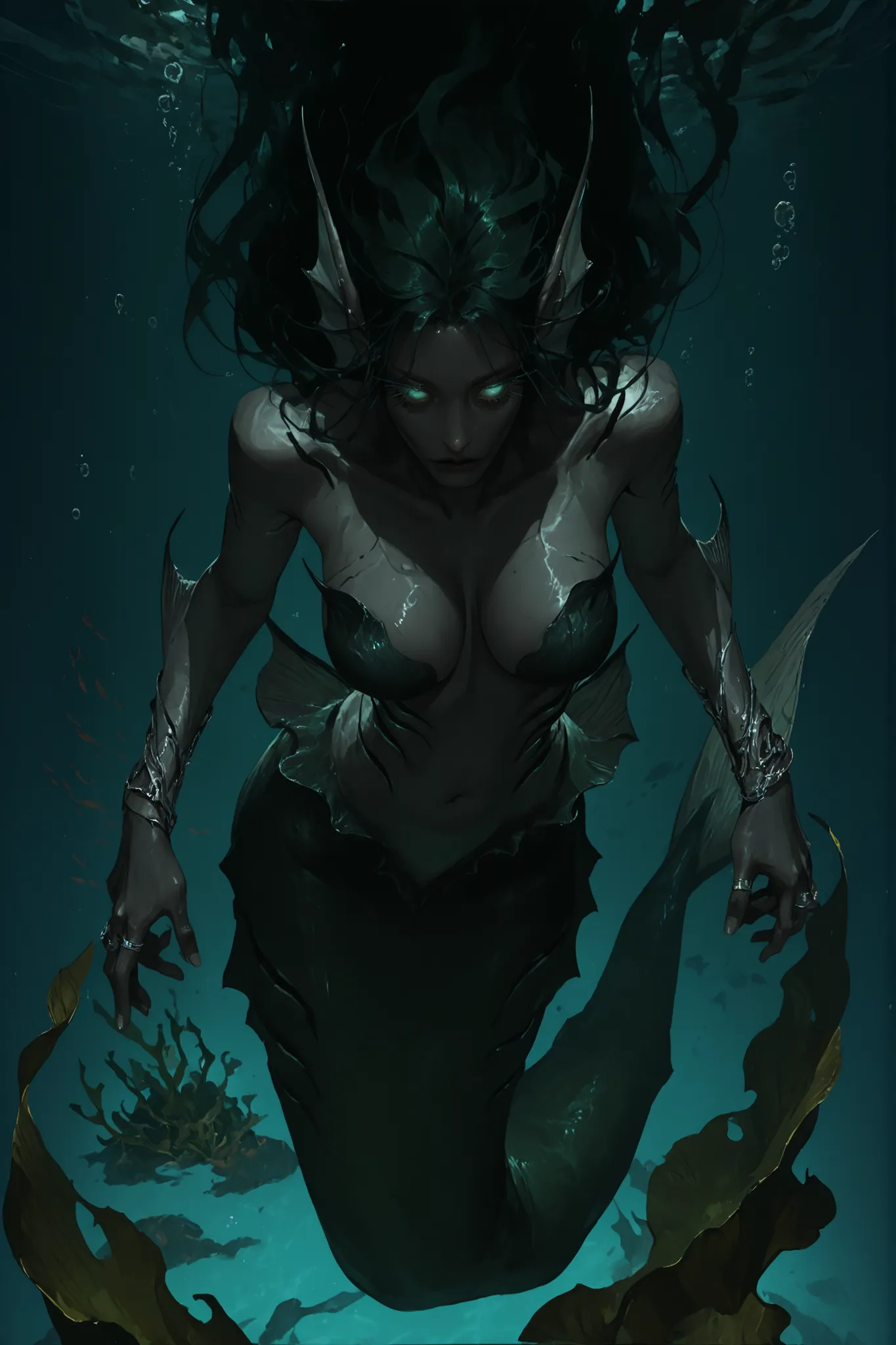 solo, female, beautiful, close up, silver rings, extremely long dark green hair, reflective eyes, glowing eyes, long eyelashes, thin waist, curvaceous, extremely pale, mermaid, ear fins, gills on sides, very dark, deep sea, undead, abyssal, close up, swimm...