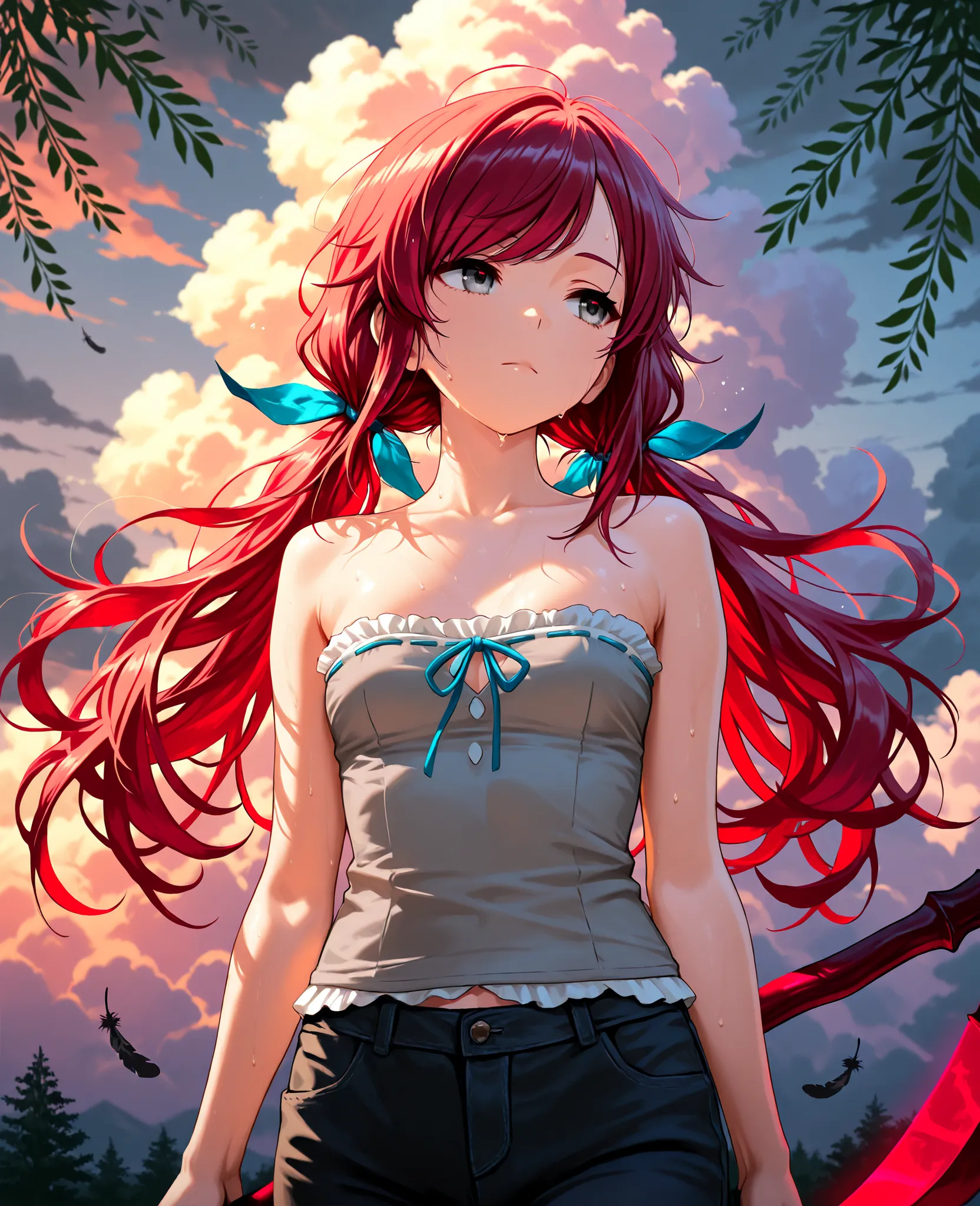 (masterpiece:1.2, Best Quality), (finely detailed beautiful eye: 1.2), (beautiful detailed face), sweat, close up, expressionless, blue ribbons, hair ribbons, strapless sleeveless shirt, gray shirt, shirt with white trim, white frill trim, black jeans,, sm...