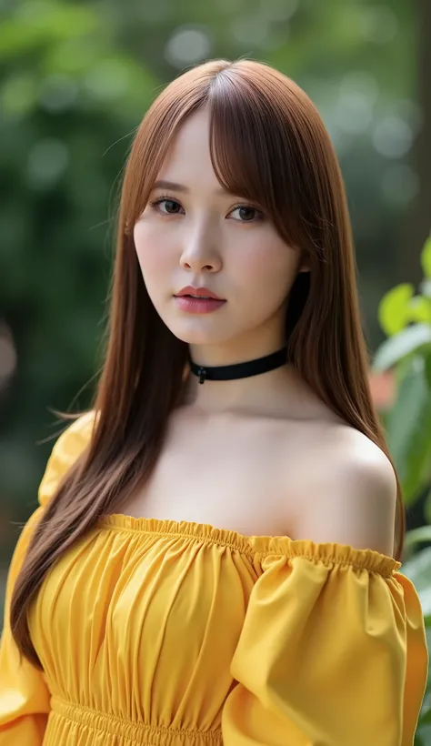 Photorealistic , 8K , ultra-detailed, The image is a portrait of a young Asian woman named katoshi with long brown hair. She is wearing a yellow off-shoulder dress with puffed sleeves and a black choker. she is looking directly at the camera with a neutral...