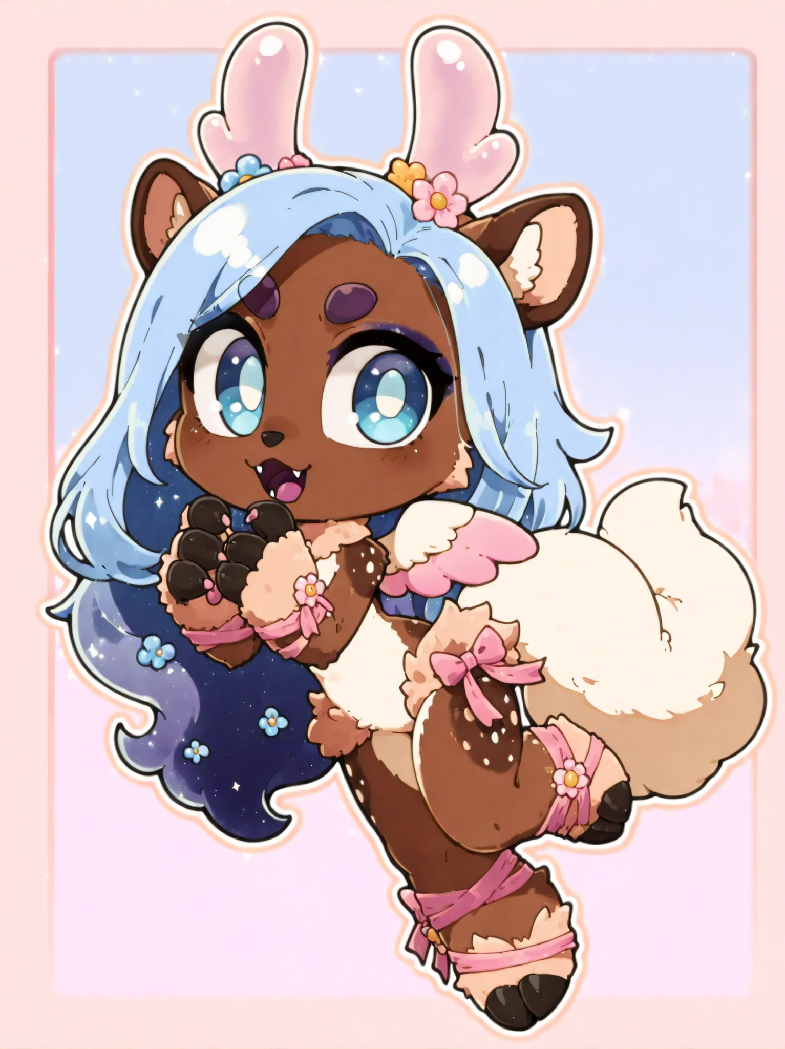 (((((1girl))))), chibi, fluffy fur with soft pink and white colors, blue eyes, blue lashes, pink ribbon bow, pink wings, small flower decorations in the fur, Black Skin,,Purple Eyebrows,Dark Purple Eyeshadow,Light sapphire blue Starry Hair With Light pale ...