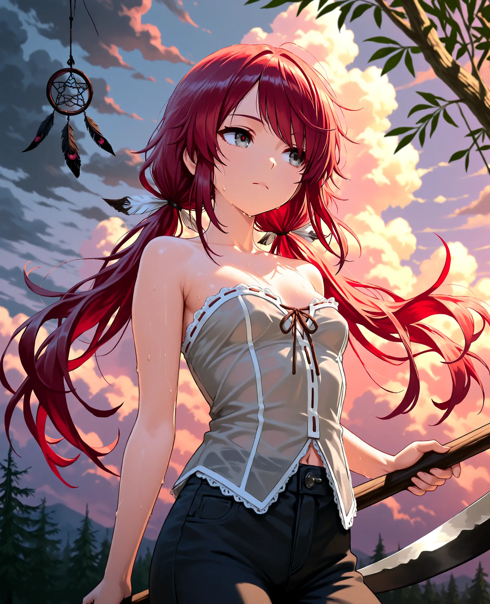 (masterpiece:1.2, Best Quality), (finely detailed beautiful eye: 1.2), (beautiful detailed face), sweat, close up, expressionless, translucent ribbons, hair ribbons, strapless sleeveless shirt, gray shirt, shirt with white trim, white frill trim, black jea...