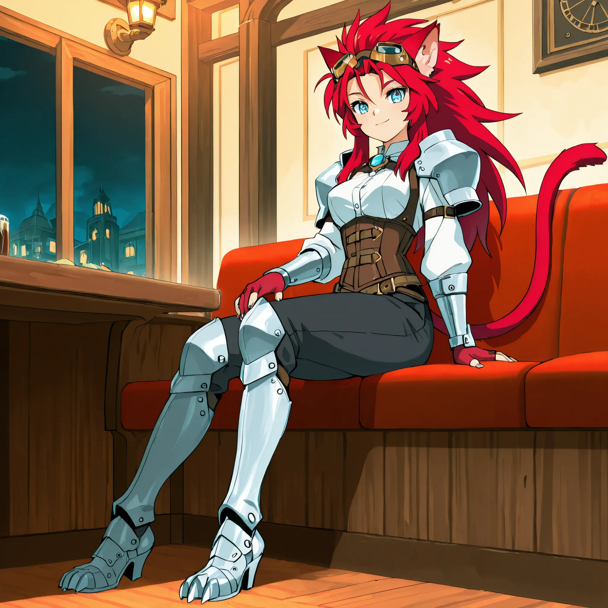 best quality, masterpiece, 2d, intricate details, anime, anime style, full body picture, catgirl, 1girl, red hair, spiked hair, blue eyes, enchanting eyes, wild hair, long hair, small smile, animal ears, red ears, red cat tail, cat ears, thighs, red hands,...