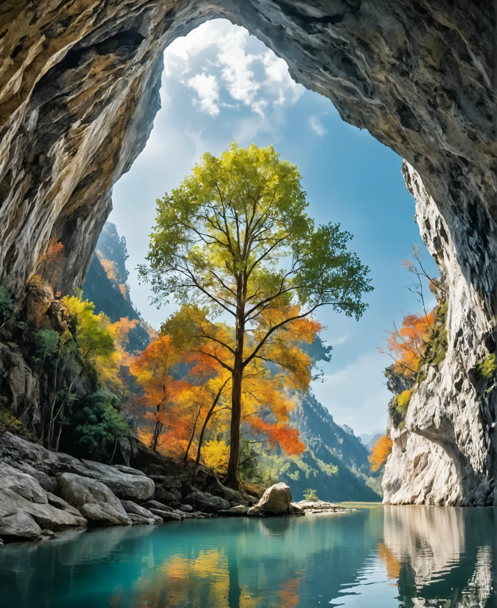 a view of a tree in a cave with a lake in the foreground, stunning nature in background, majestic nature scenery, amazing landscape, really beautiful nature, very beautiful scenery, beautiful nature, very very beautiful scenery, nature scenery, nature in a...