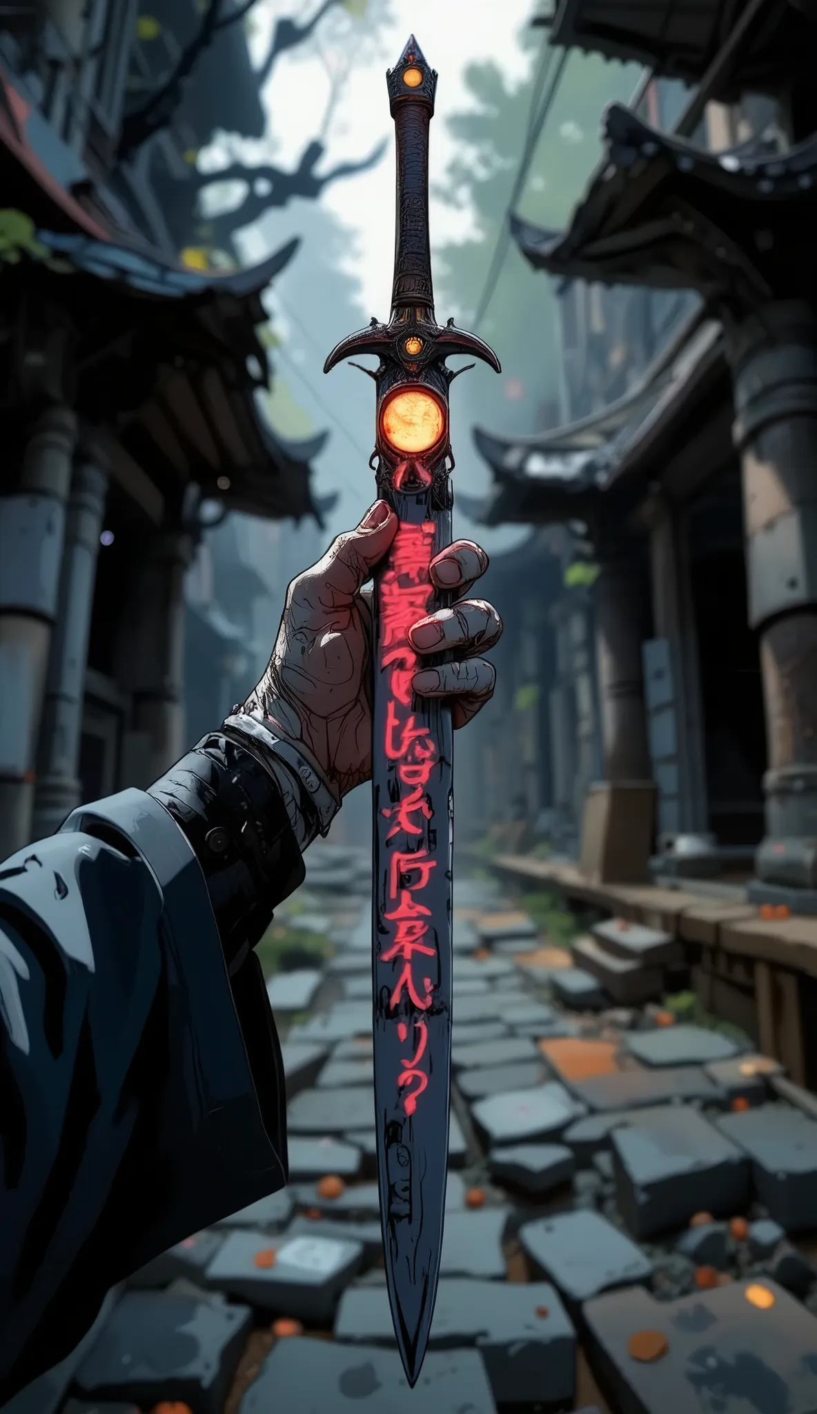 High quality DVD,4K, ((sword "Kubikiribōchō")) is a huge single-edged sword, it has a crescent moon at the start of the blade and a (circular hole almost at the tip), elven lettering on the blade, (wielded by a fully bandaged hand)), the lettering on the s...