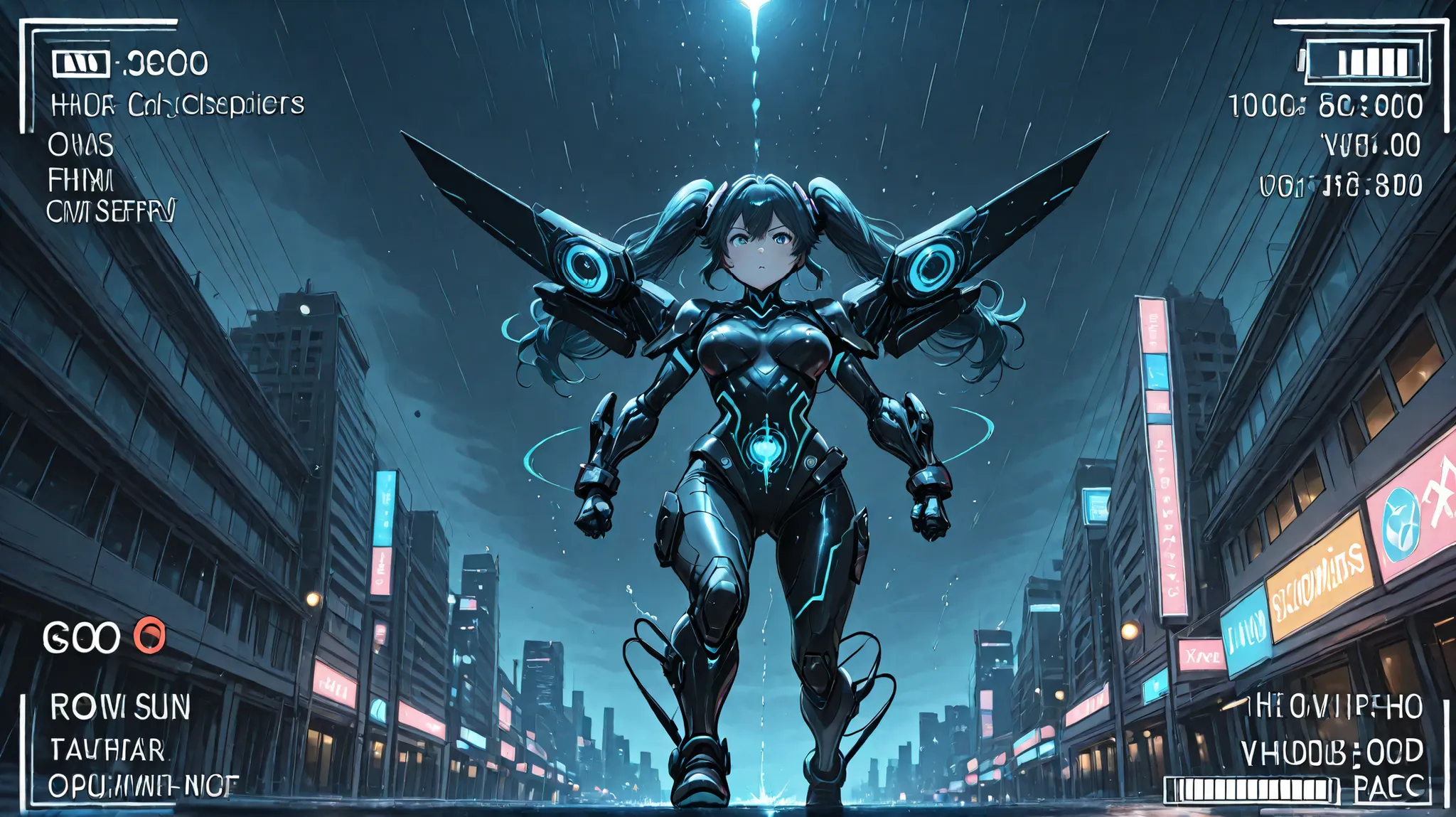 a cyborg running through a cyberpunk city illuminated by neons under a stormy sky. Rendered in 4K with detailed textures, fluid movements and cinematic lights with flashes. The camera uses dynamic angles: low shots, zooms and slow motion. Sometimes, un efe...