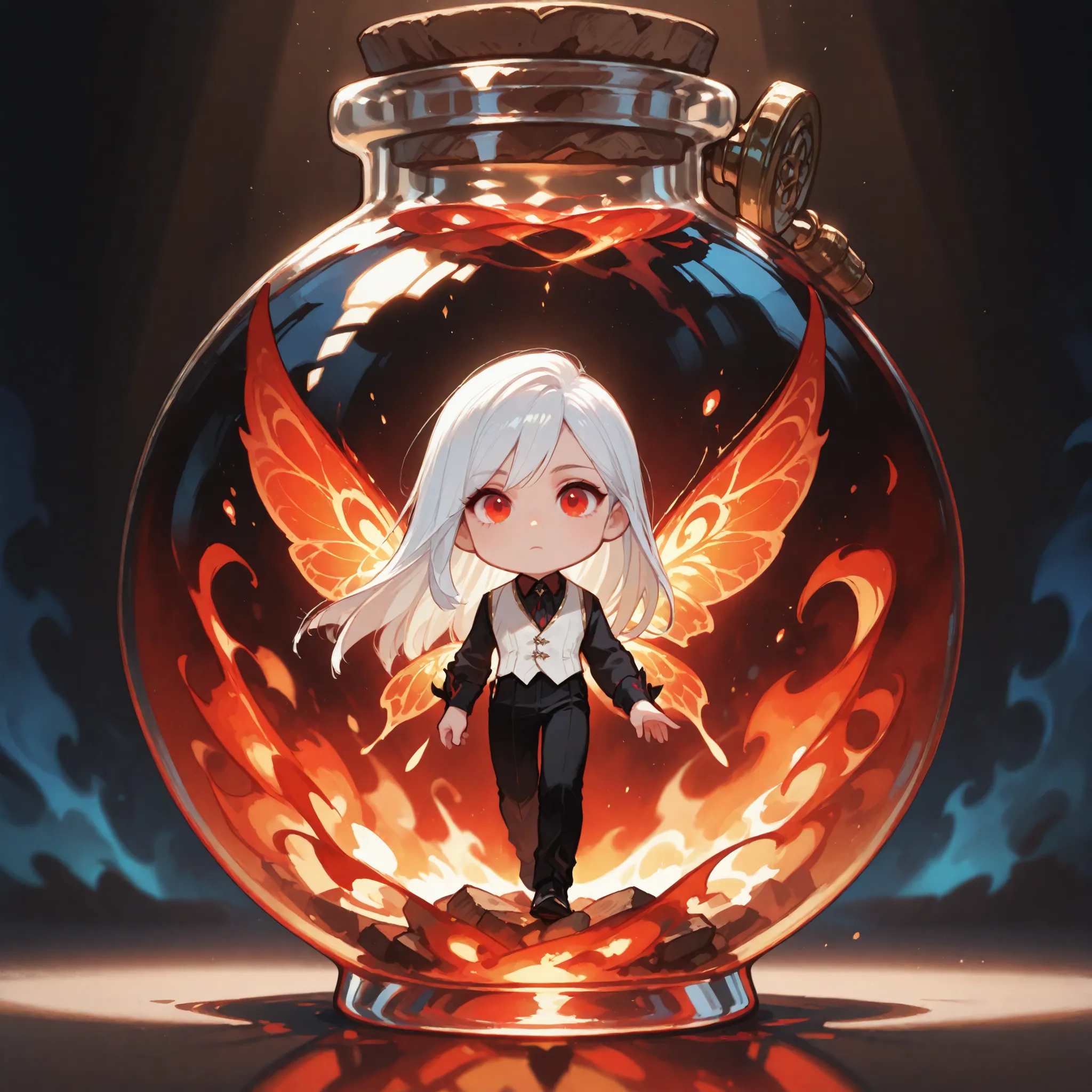 (masterpiece, high quality), newest, chibi, solo, 1 boy, close-up, soft lighting, magical, fantasy,
male fairy, master of the fire, floating inside a transparent round glass bottle with cork, glowing liquid inside, fairy in a bottle
colorful spread wings, ...