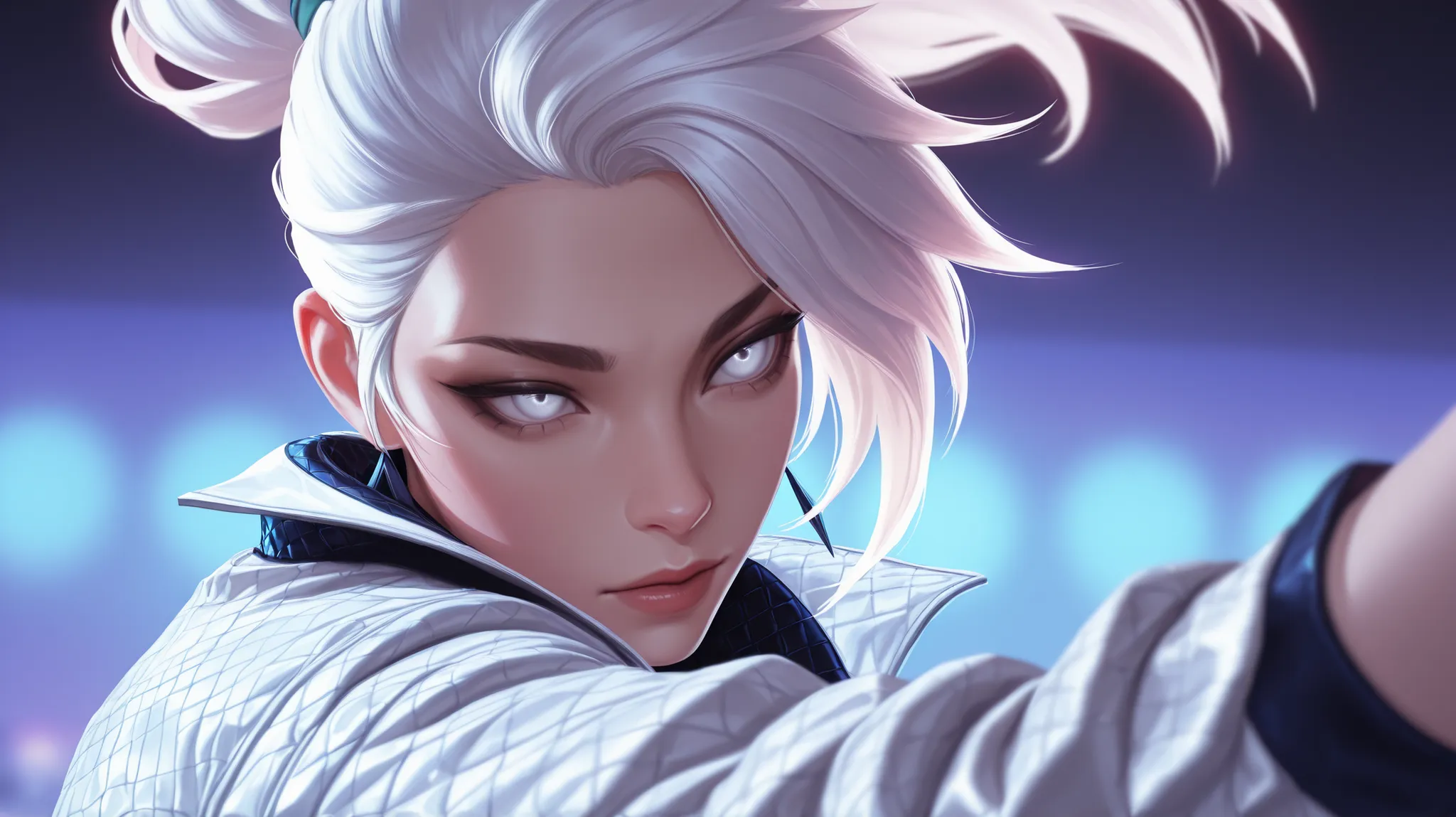 Akali from League of Legends, K-pop idol stylish clothes, white jacket, white hair, white eyes, beautiful detailed portrait, cinematic lighting, dramatic pose, intricate fashion design, seamless integration, ultra-detailed, 8K, HDR, physically-based render...