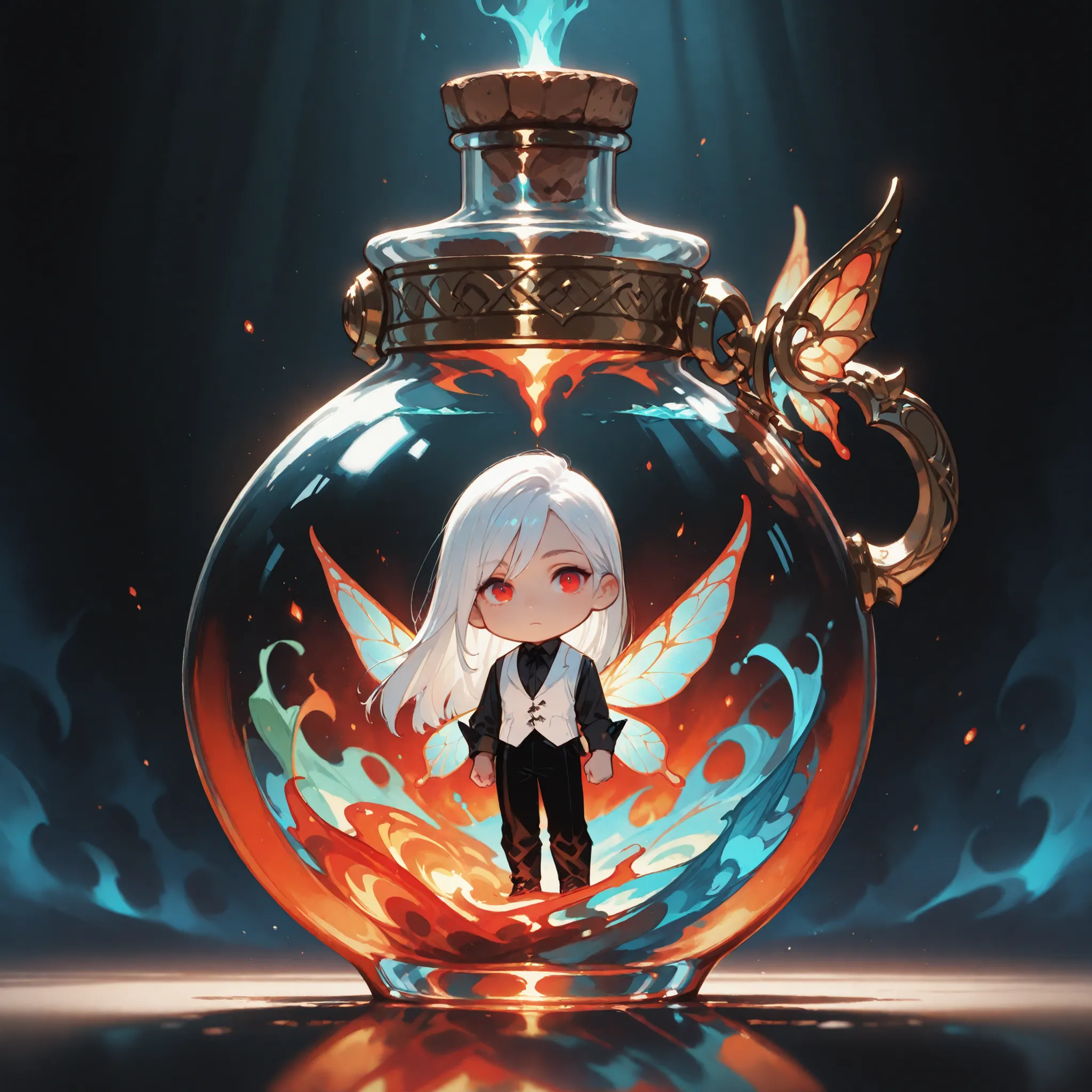 (masterpiece, high quality), chibi, solo, 1 boy, close-up, soft lighting, magical, fantasy,
male fairy, master of the fire, floating inside a transparent round glass bottle with cork, glowing liquid inside, fairy in a bottle
colorful spread wings, white ha...