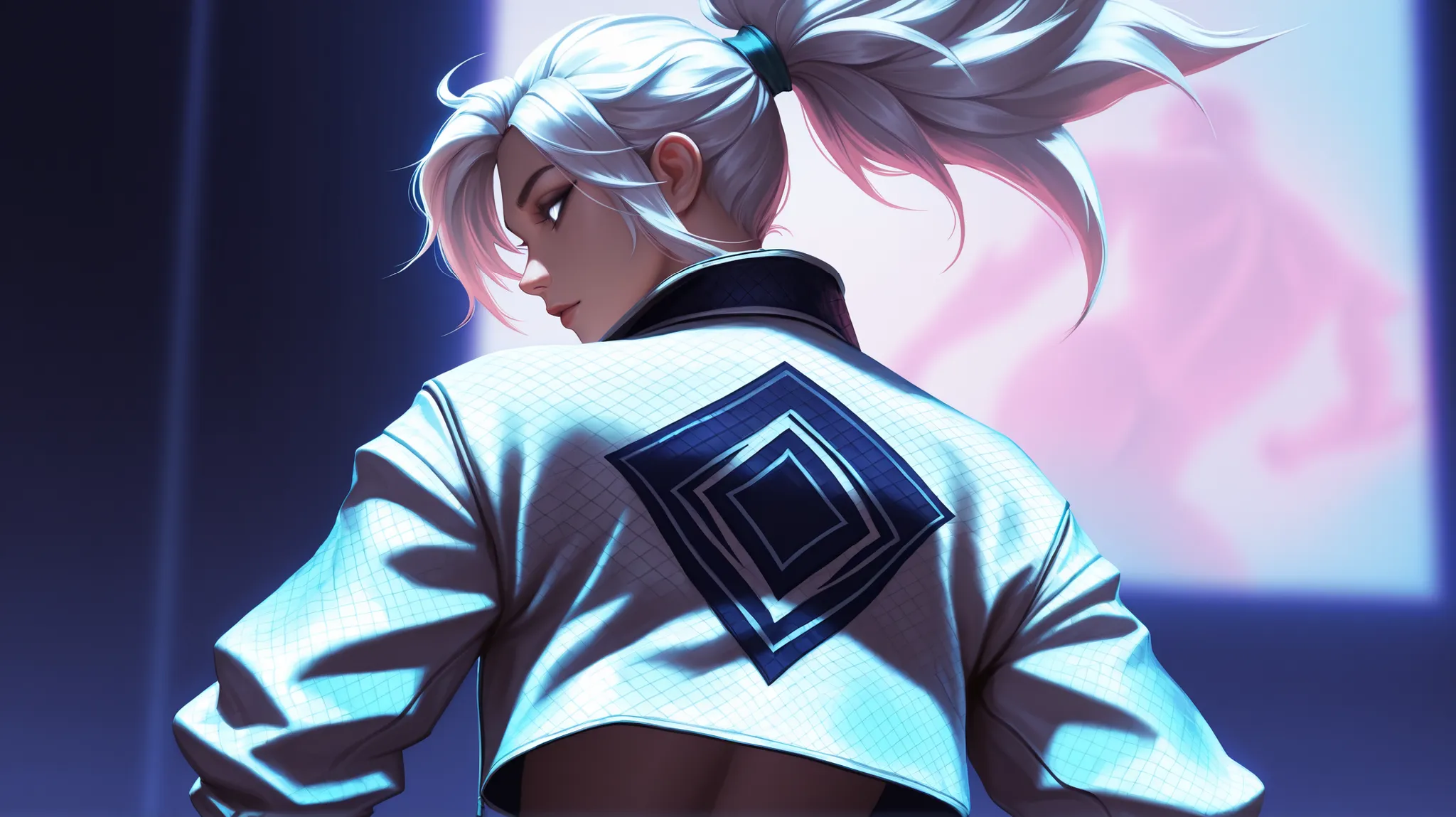 Akali from League of Legends, K-pop idol stylish clothes, white jacket, white hair, white eyes, beautiful detailed portrait, cinematic lighting, dramatic pose, intricate fashion design, seamless integration, ultra-detailed, 8K, HDR, physically-based render...