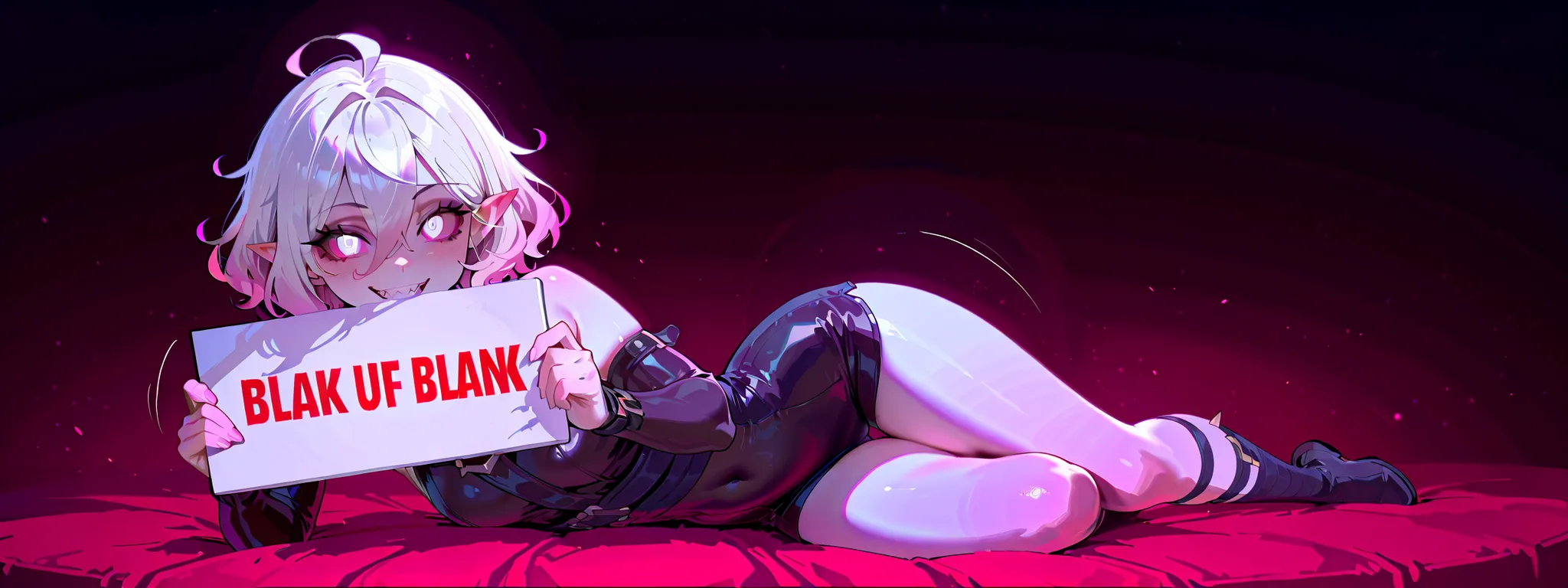 1girl, briar, white eyes, very light pink sclera, (white hair), gradient hair, short hair, hair between eyes, ahoge, pointy ears, sharp teeth, grey skin
bare shoulders, blushing, blushing ears, thighs, legs together, thigh gap, looking at viewer, legs down...