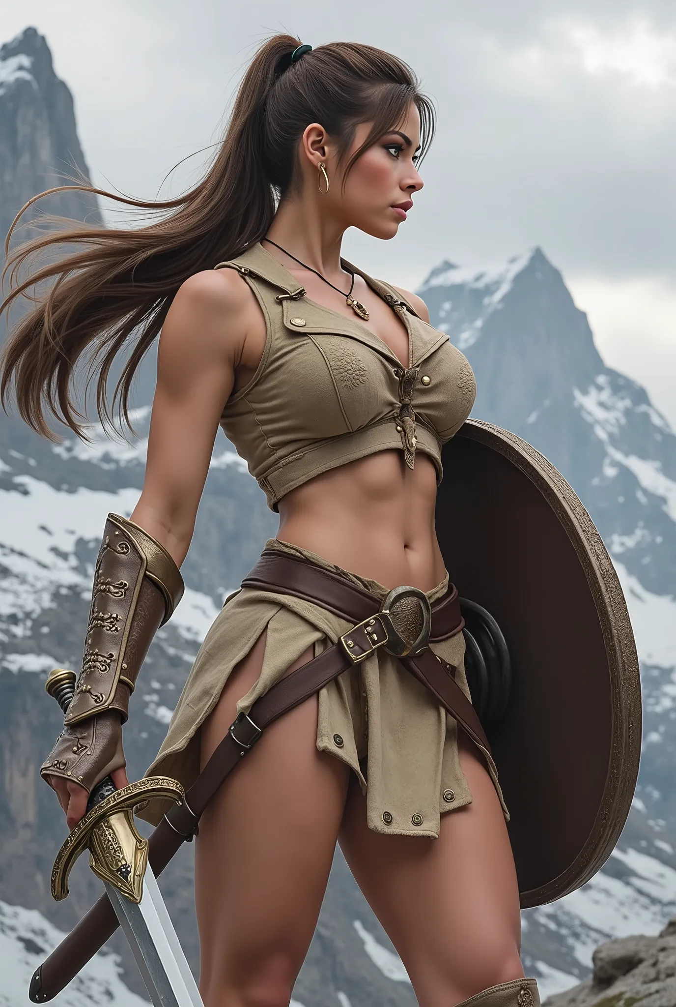 Beautiful female free fighter 。 She has long brown hair in a ponytail、Wearing light brown leather armor 。 The armor is decorated with intricate patterns . 、The design shows off her toned body 。 Thick thighs with prominent muscle lines 。 Thick arms 。 Six Pa...