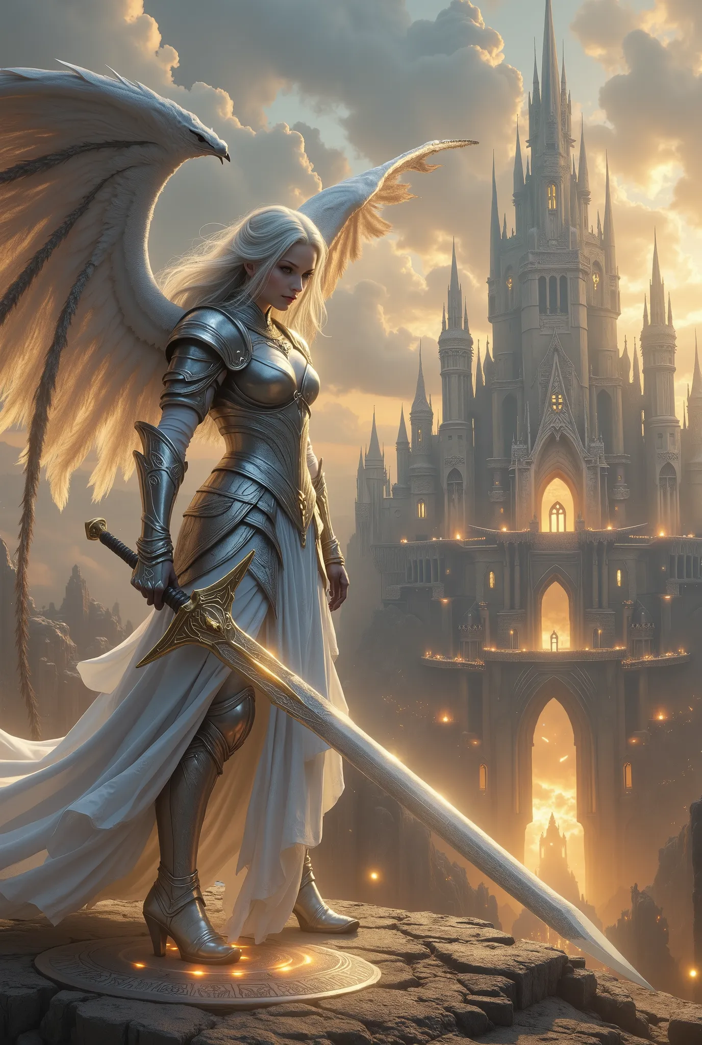 "ultra-realistic fantasy female warrior facing forward, centered composition, standing on floating platform in the sky, massive ethereal castle in the background, long silver-white hair fluttering in the wind, heterochromatic golden and silver eyes glowing...