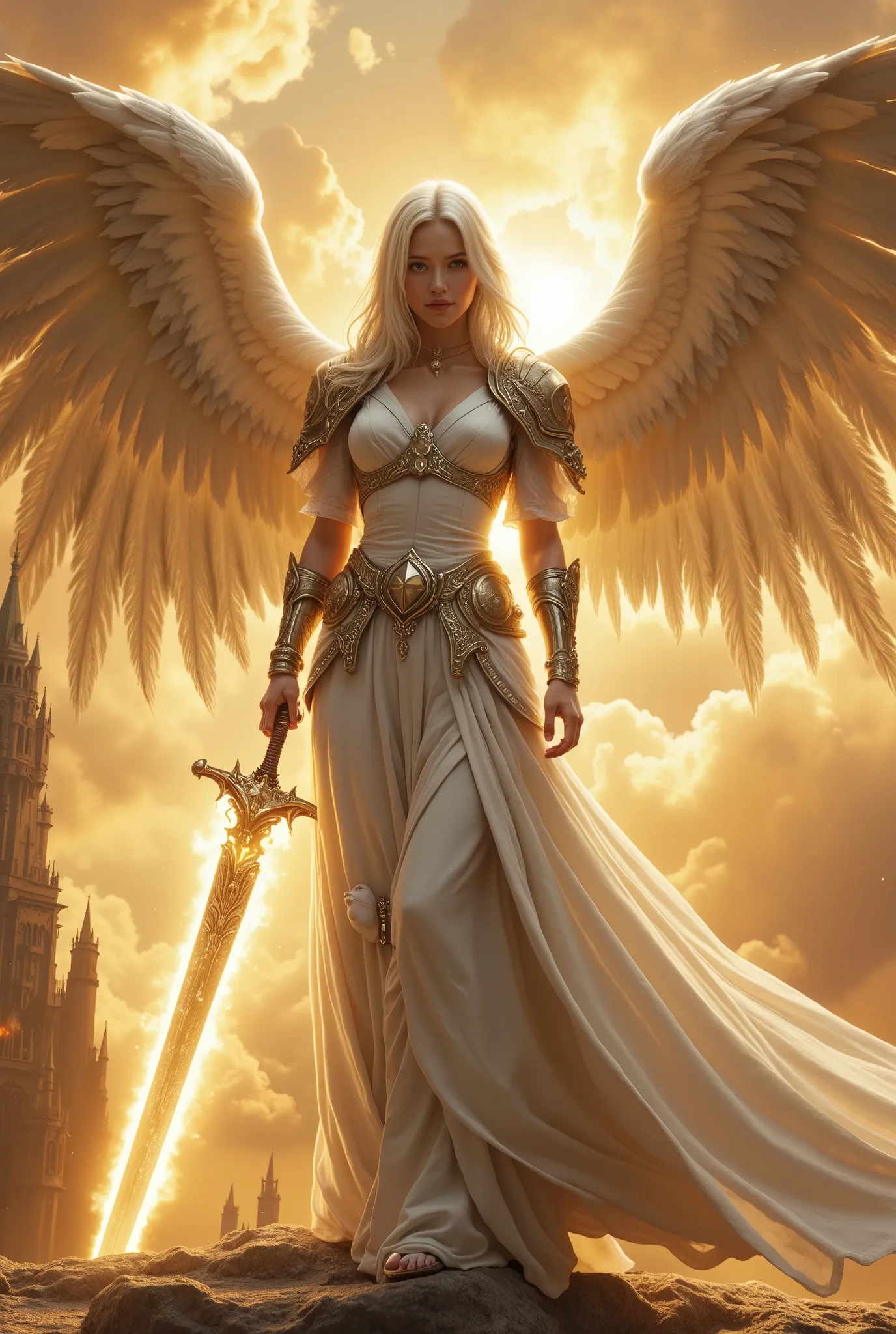 "ultra-realistic divine female warrior with angelic wings, centered front view, standing on marble balcony of a skycastle, golden clouds behind her, silver-white hair falling over teary eyes, a tear running down her cheek, holding a glowing greatsword vert...