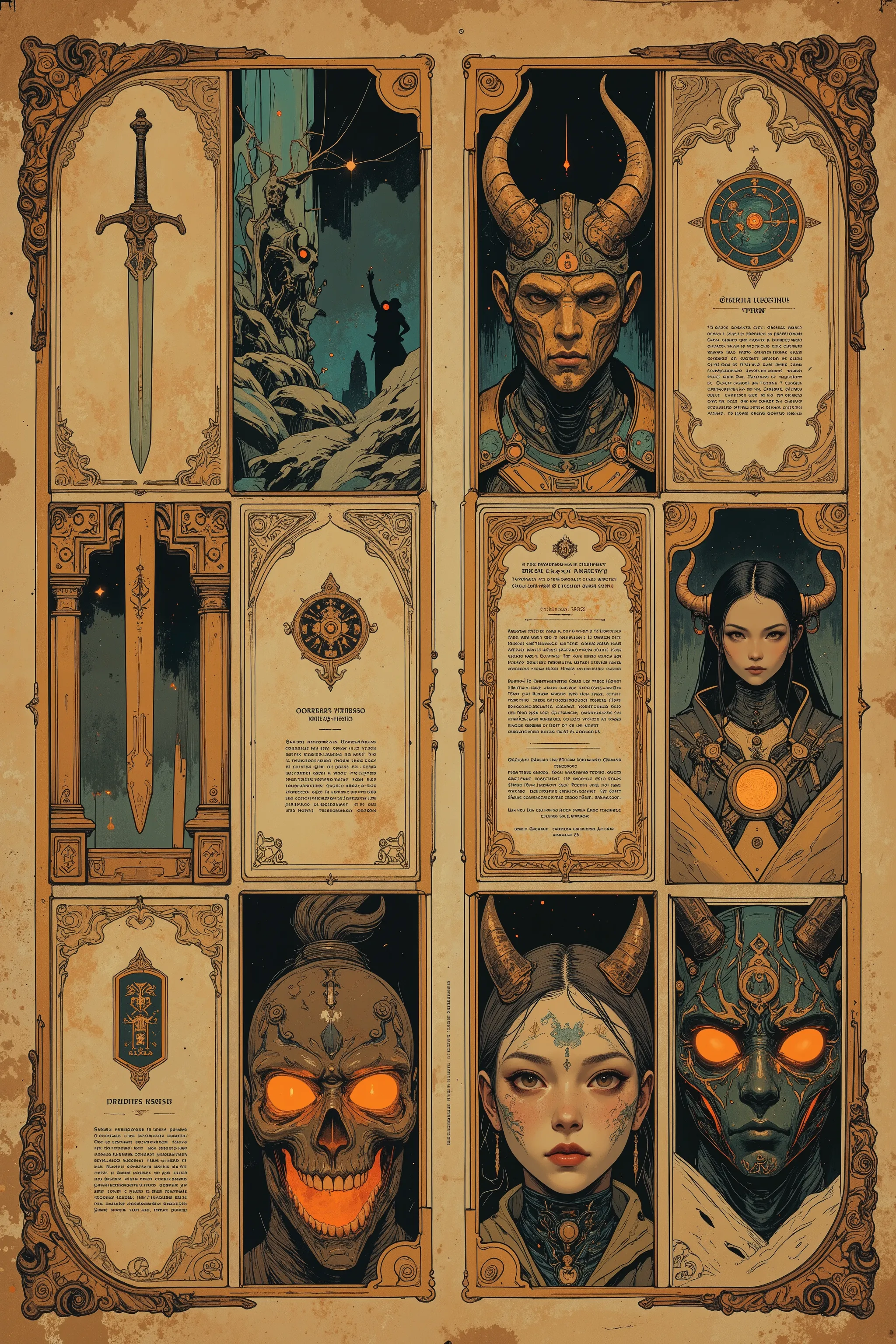 A vintage fantasy equipment encyclopedia layout, 8-panel grid (4x2), like a richly illustrated double-page spread from an ancient book.
Each square panel displays one unique item:
- sacred sword embedded in stone
- ornate shield with beast motif
- enchan...