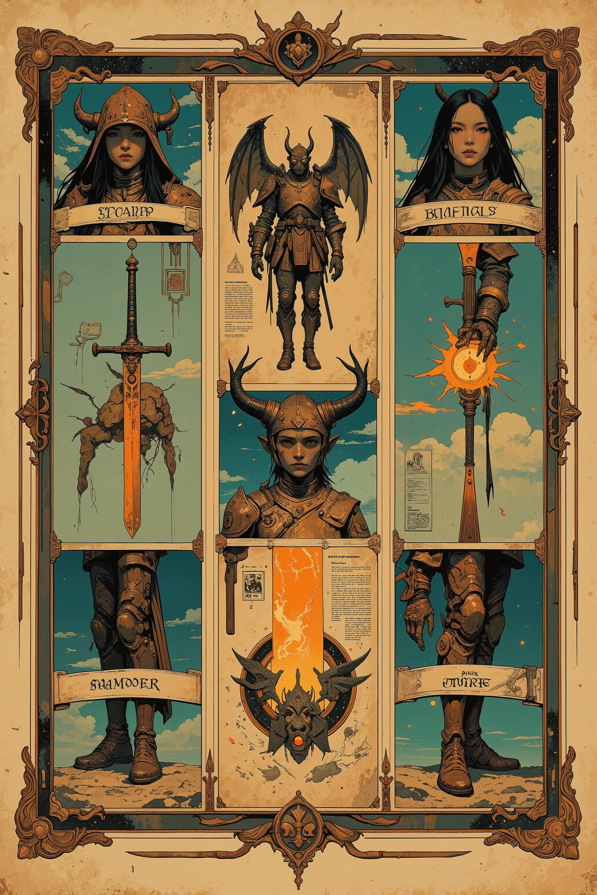 A vintage fantasy equipment encyclopedia layout, 8-panel grid (4x2), like a richly illustrated double-page spread from an ancient book.
Each square panel displays one unique item:
- sacred sword embedded in stone
- ornate shield with beast motif
- enchan...