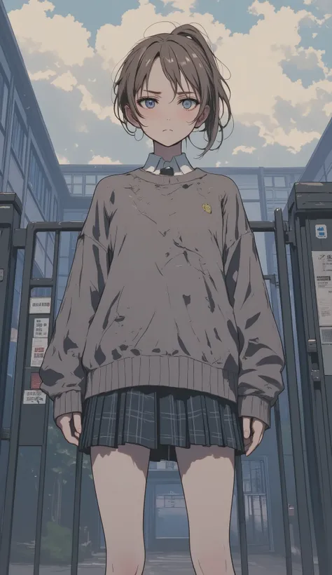 Medium-shot, vertical pastel-style illustration featuring a  high school girl standing in front of the school gate. She has shoulder-length light brown hair tied into a high ponytail, Angry smile with a few loose strands framing her pale, expressive face. ...