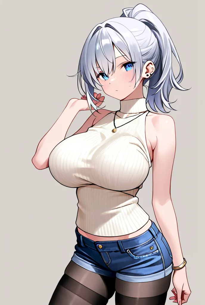 1 girl、 Silver Hair、Ponytail、Blue Eyes、 Slim、Big Breasts、black tights、pant stockings、high neck knit、White knit、shorts、 denim 、青 denim 、bracelet、piercing、necklace、 is coming、masterpiece、Highest Quality、uncensored