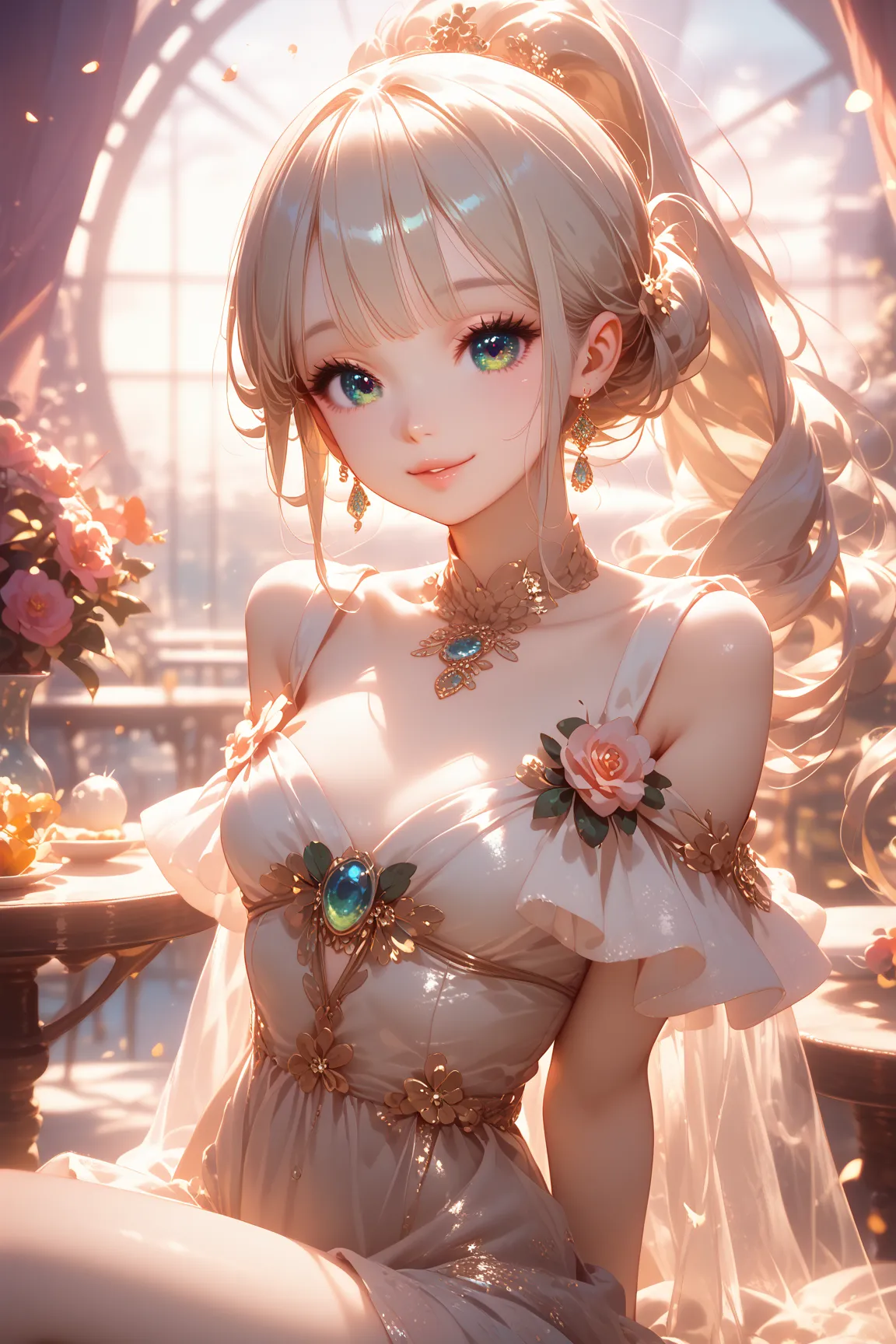 Anime, table top, best quality, shape, super detailed, finely detailed, high resolution, 8k wallpaper, perfect dynamic composition, beautifully detailed eyes, Tokyo Trend Winter Fashion, Tokyo Trend & Random Cute Hairstyles Introduction, small breasts, natural color lips, random sexy pose, cute smile,  girl, beautifully detailed face, perfect and beautiful face, big eyes, beautifully detailed face, perfect and beautiful double eyelids, blurred background, perfect and beautiful face, bright expression, ponytail hairstyle, golden ratio beautiful face, beautiful legs