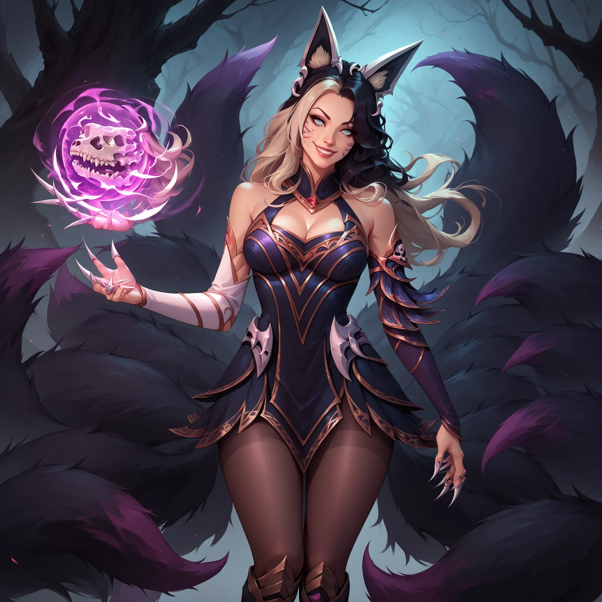 score_9, score_8_up, score_7_up, masterpiece, high quality, BREAK
 cvnari, animal ears, long hair, multicolored hair, whisker markings, bare shoulders, detached sleeves, halter dress, cleavage, asymmetrical sleeves, claw ring, multiple tails, pantyhose, kn...