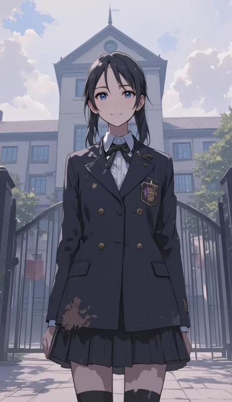 Medium-shot, vertical pastel-style illustration featuring Reina Ardiani, a  high school student council president, standing calmly in front of a school gate. She has a composed and charismatic presence, with long, sleek black hair tied neatly behind her he...