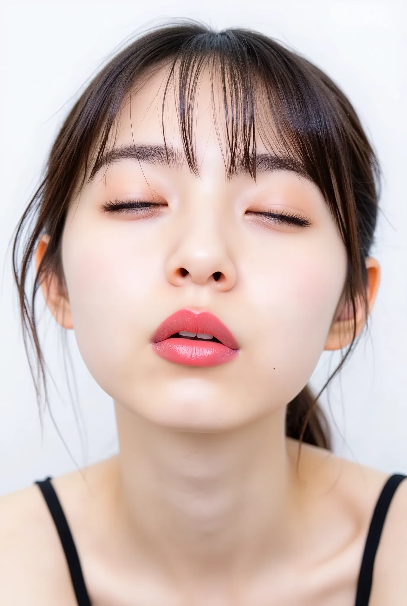 Extreme close-up of a young Japanese woman in a white studio, head tilted slightly up, looking up with dreamy half-lidded eyes. Her soft, matte bare skin contrasts vividly with her puckered, glossy pink lips — intensely wet and inviting. Light catches the ...