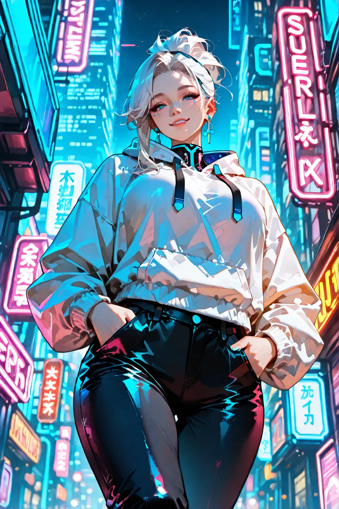 (SuperQuality:1.0) ~ (SuperQuality:1.2), detailxl, 1girl, Solo, High Resolution, Best Quality, High Details, Super Detailed, Cyberpunk City, Long Hair, Pixie hairstyle, White Hair, Blue eyes, Large breasts, Earrings, White Oversize Hoodie, walking through ...