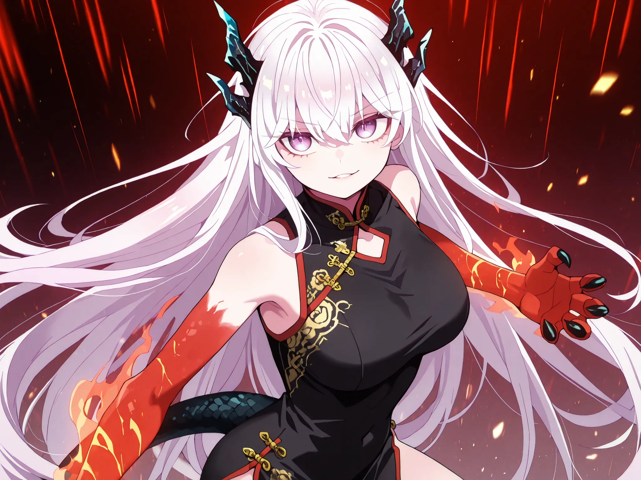 Solo, ung girl, facing the viewer, white hair, hairstyle of Uzen Kyouka from Chained Soldier, face of Uzen Kyouka from Chained Soldier, eyes in the tone of red, long bangs, perfect anatomy, student, horns of Uzen Kyouka from Chained Soldier, eyes horns the...