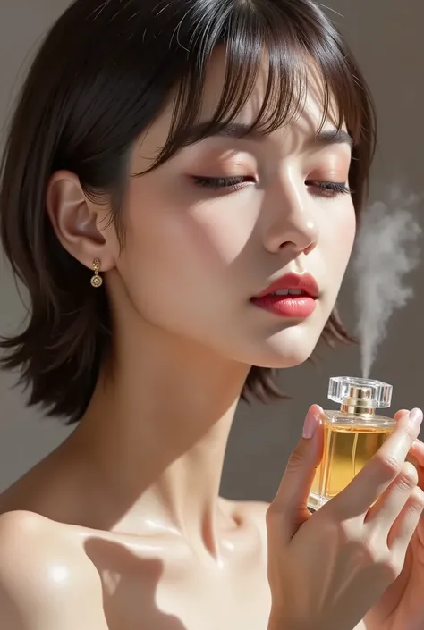 realistic,high image quality,Sharp details,8K,High Angle2.0,((2.0)),bathe perfume on your neck,spray from perfume,((2.0)),((Close your eyes 2.0)),short short hair,Foxy face,large earrings,good makeup
