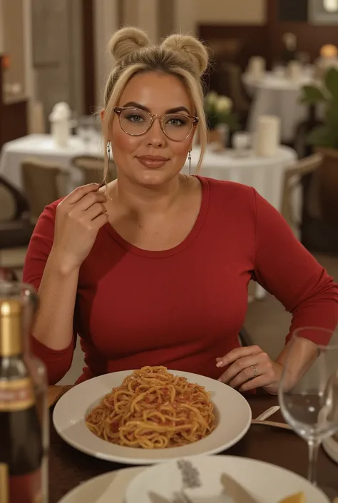 Masterpiece! UHD Pictured from front Chubby curvy woman with big and ass eats spaghetti, ultra realistic photo, smiling satisfied, her blond hair packed in two chignon above ears, with glasses, curvy, eating spaghetti in restaurant, glasses, cleavage, in f...
