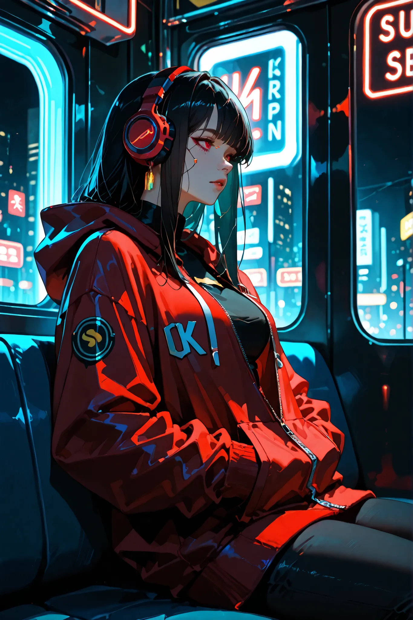 (SuperQuality:1.0) ~ (SuperQuality:1.2), detailxl, 1girl, Solo, High Resolution, Best Quality, High Details, Super Detailed, Cyberpunk City, Long Hair, straight hair, Black Hair, Red eyes, Large breasts, Earrings, Black Turtleneck Hoodie, Sitting on a publ...