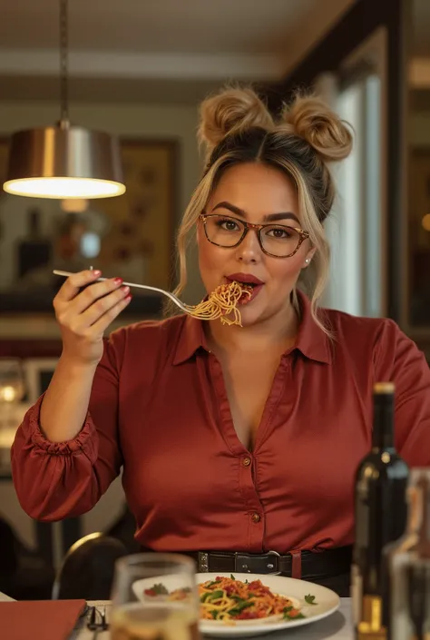 Masterpiece! UHD Pictured from front Chubby curvy woman with big and ass eats spaghetti, ultra realistic photo, smiling satisfied, her blond hair packed in two chignon above ears, with glasses, curvy, eating spaghetti in restaurant, glasses, cleavage, in f...