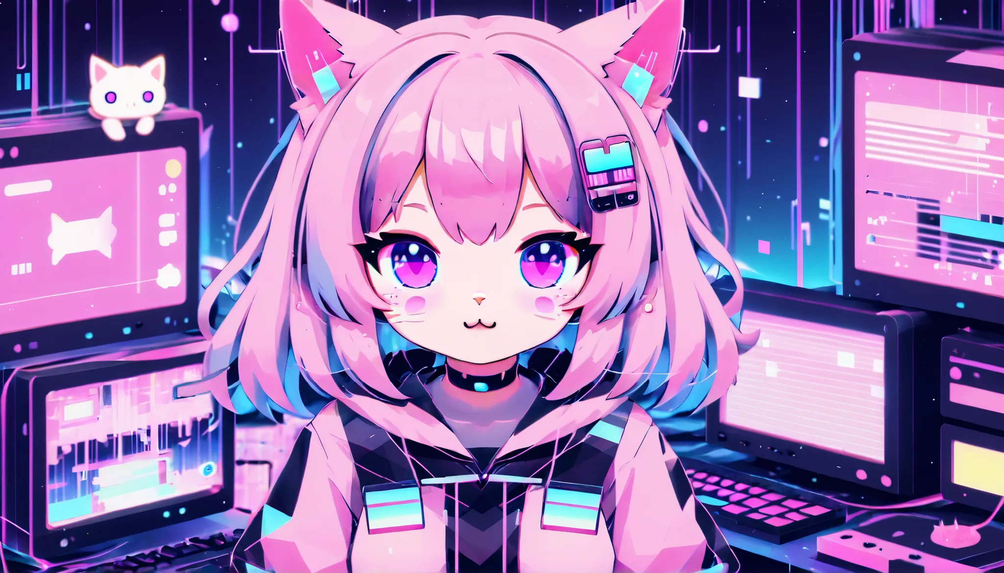 Glitchcore,Kawaii Tech, cat girl,anime,illustration,
