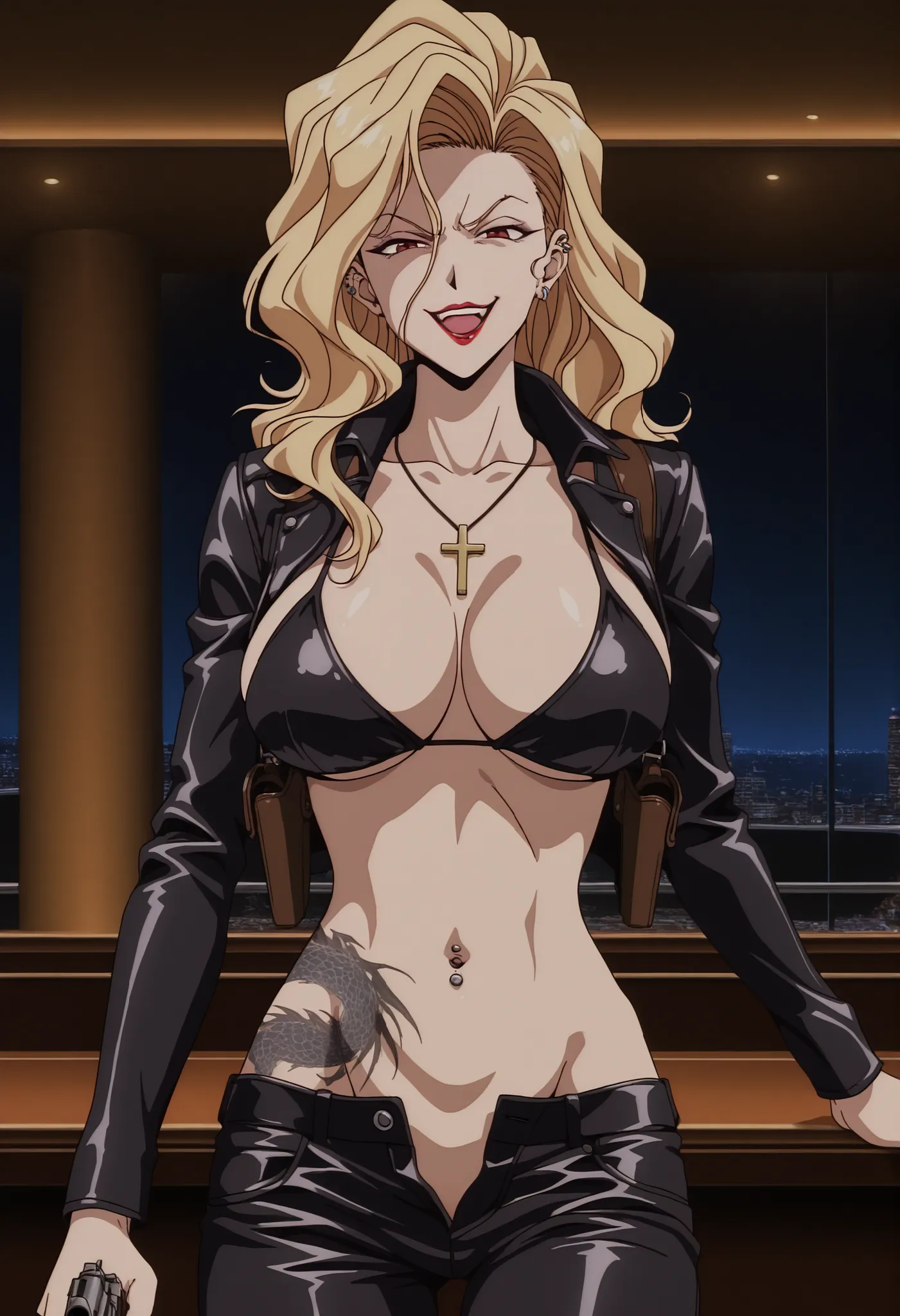 onna shachou, blonde hair, 
1girl, solo,, ear piercing, long hair, , lipstick,Hot girl, baddie, smoking, sensual, attractive ,
cross necklace, shoulder holster,, ,bar background, inside bar,indoors, cityscape, casino, nightclub, city lights,masterpiece, be...