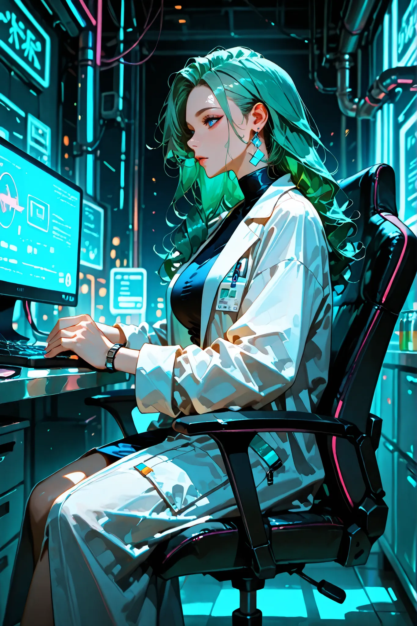(SuperQuality:1.0) ~ (SuperQuality:1.2), detailxl, 1girl, Solo, High Resolution, Best Quality, High Details, Super Detailed, Cyberpunk City, scientist, Long Hair, Curly hair, Green Hair, blue eyes, Large breasts, Earrings, Long white lab coat, fascinated, ...