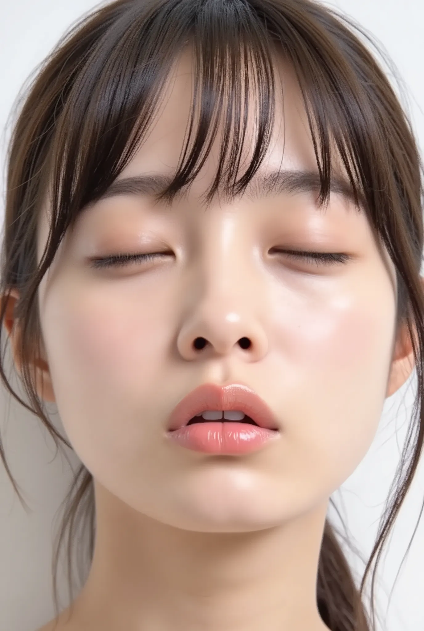 Ultra close-up of a stunning young Japanese woman in a white studio. Shot from a slightly high angle, her face is directly facing the camera. Her eyes are gently closed, lips softly puckered in a kiss, glossy and wet with pink highlights. Focus is on the c...
