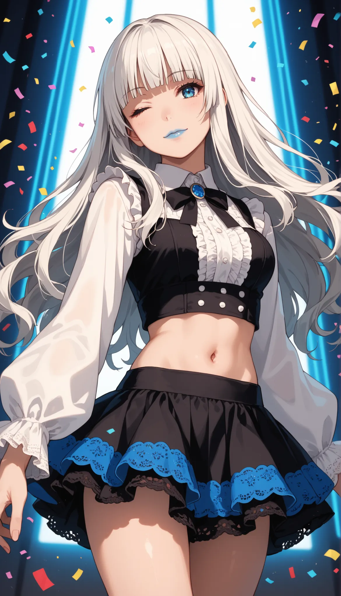 Score_9, score_8_up, score_7_up, score_6_up, source_anime, rating:general, 1girl, kirari momobami, white hair, long flowing hair, hime cut, blunt bangs, blue eyes, Sanpaku eyes, pale skin, round face, cute face, slender build, medium sized breasts, thick t...