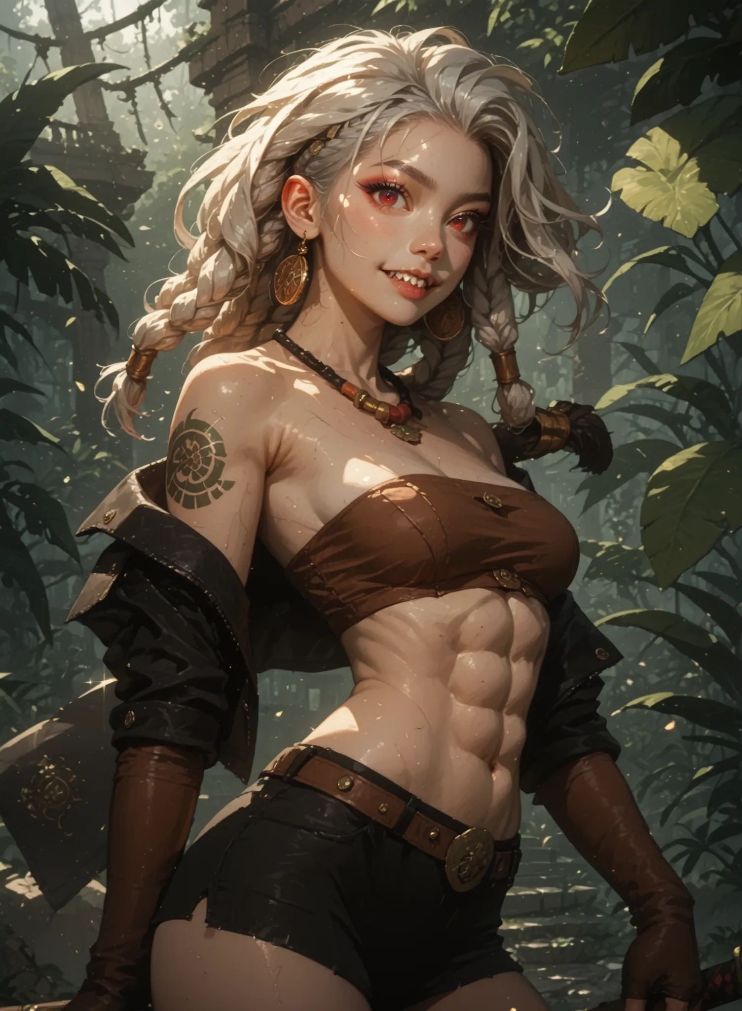 Slender body. White skin. Cute 18-year-old Asian girl with Asian red eyes and sharp teeth and dreadlocks with white highlights. She has a cute and beautiful face. She has a round and young face with a pointy chin. Her body is athletic with abs. She wears m...