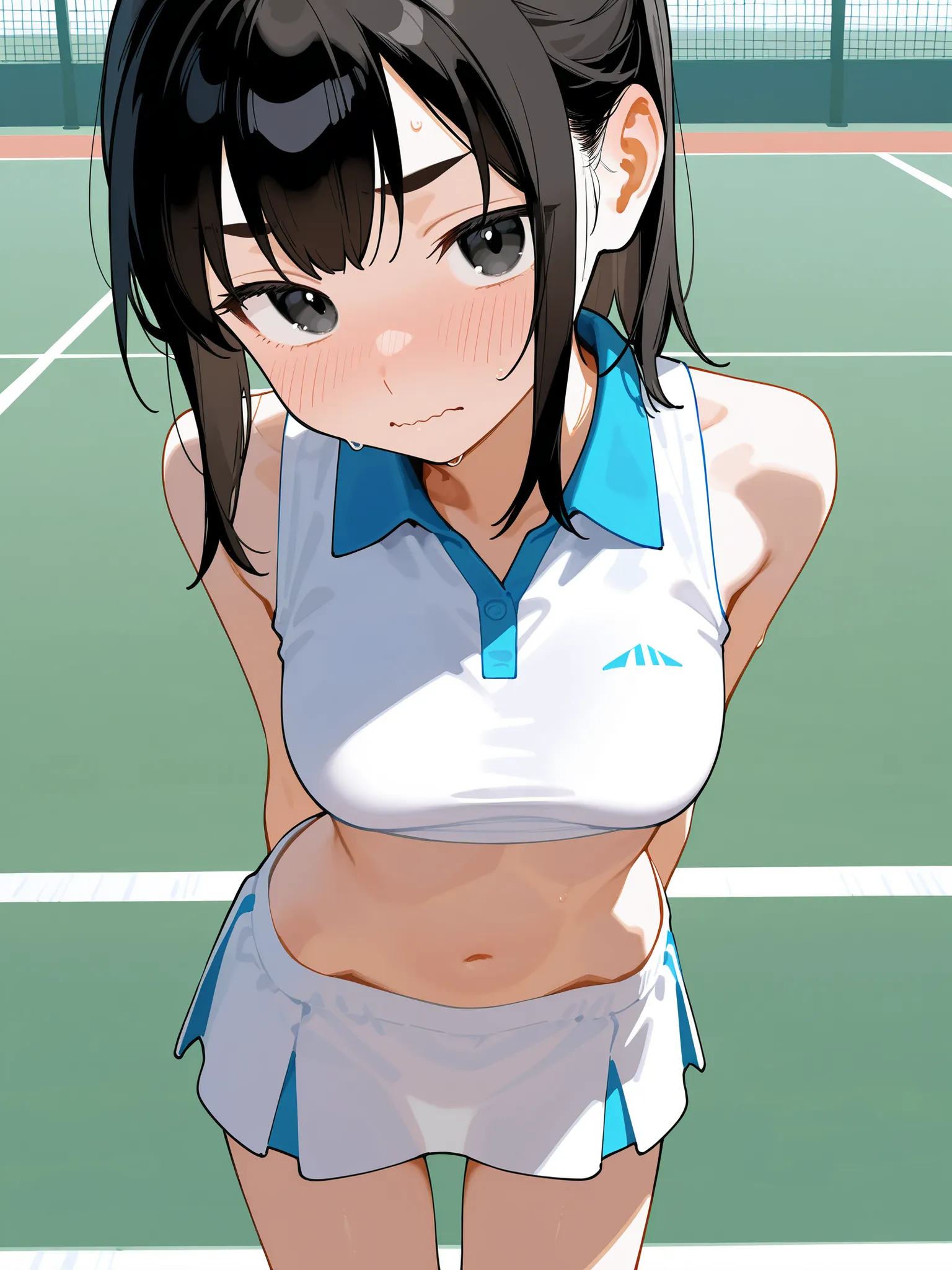 cute girl, schoolgirl, small girl, short girl, (solo), (1girl), (alone), tennis outfit, short skirt, white skirt, crop top, white top, blue collar, sleeveless, (medium breasts), skinny, narrow waist, flat stomach, thighs, black hair, medium hair, double pa...