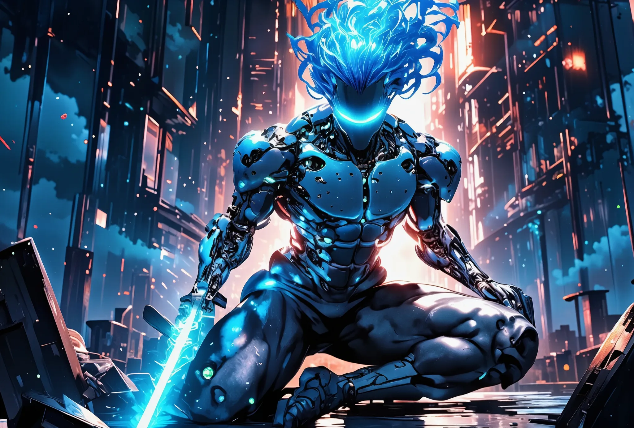 Hyperrealistic 3D animation in the style of Doberman Studio, with an anime girl (20 years, electric blue hair, bright green eyes, futuristic fitted suit) in a landscape post-apocalyptic with ruins and a stormy sky full of lightning. The scene lasts 1 minut...