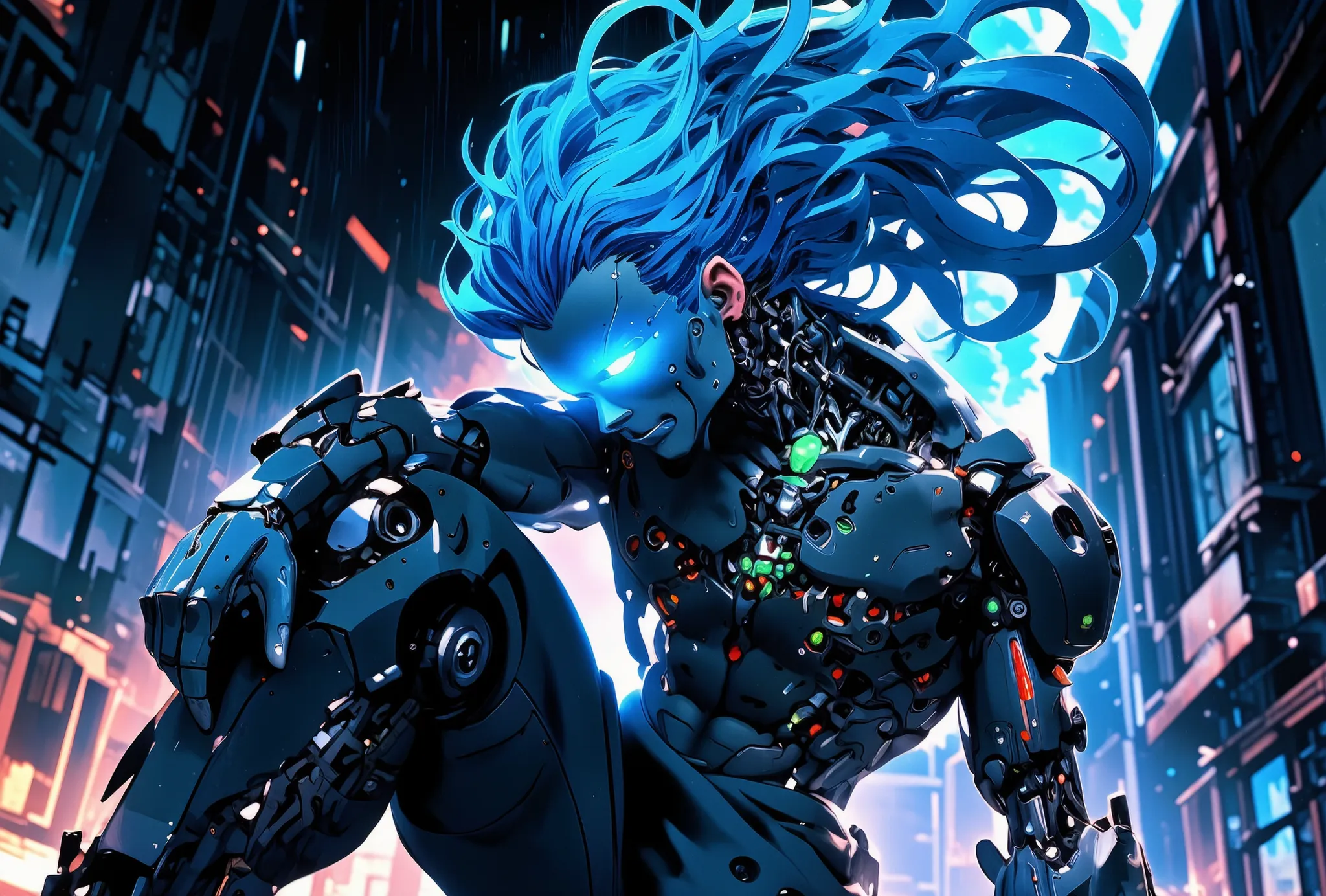 Hyperrealistic 3D animation in the style of Doberman Studio, with an anime girl (20 years, electric blue hair, bright green eyes, futuristic fitted suit) in a landscape post-apocalyptic with ruins and a stormy sky full of lightning. The scene lasts 1 minut...