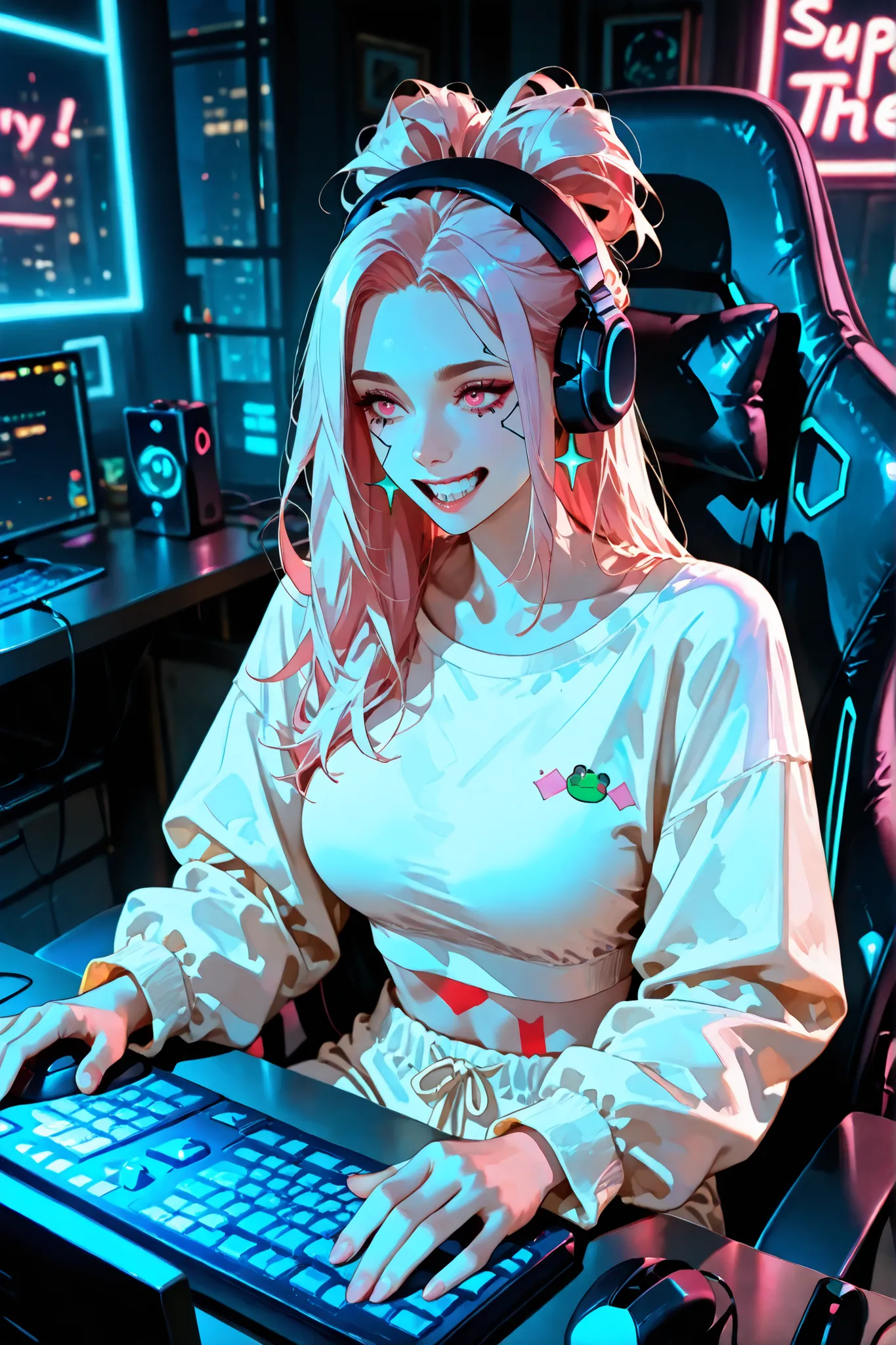 (SuperQuality:1.0) ~ (SuperQuality:1.2), detailxl, 1girl, Solo, High Resolution, Best Quality, High Details, Super Detailed, Cyberpunk City, gamer, Long Hair, pixie hairstyle, pink-pale Hair, pink eyes, Large breasts, Earrings, white crop top, pajamas, Fro...