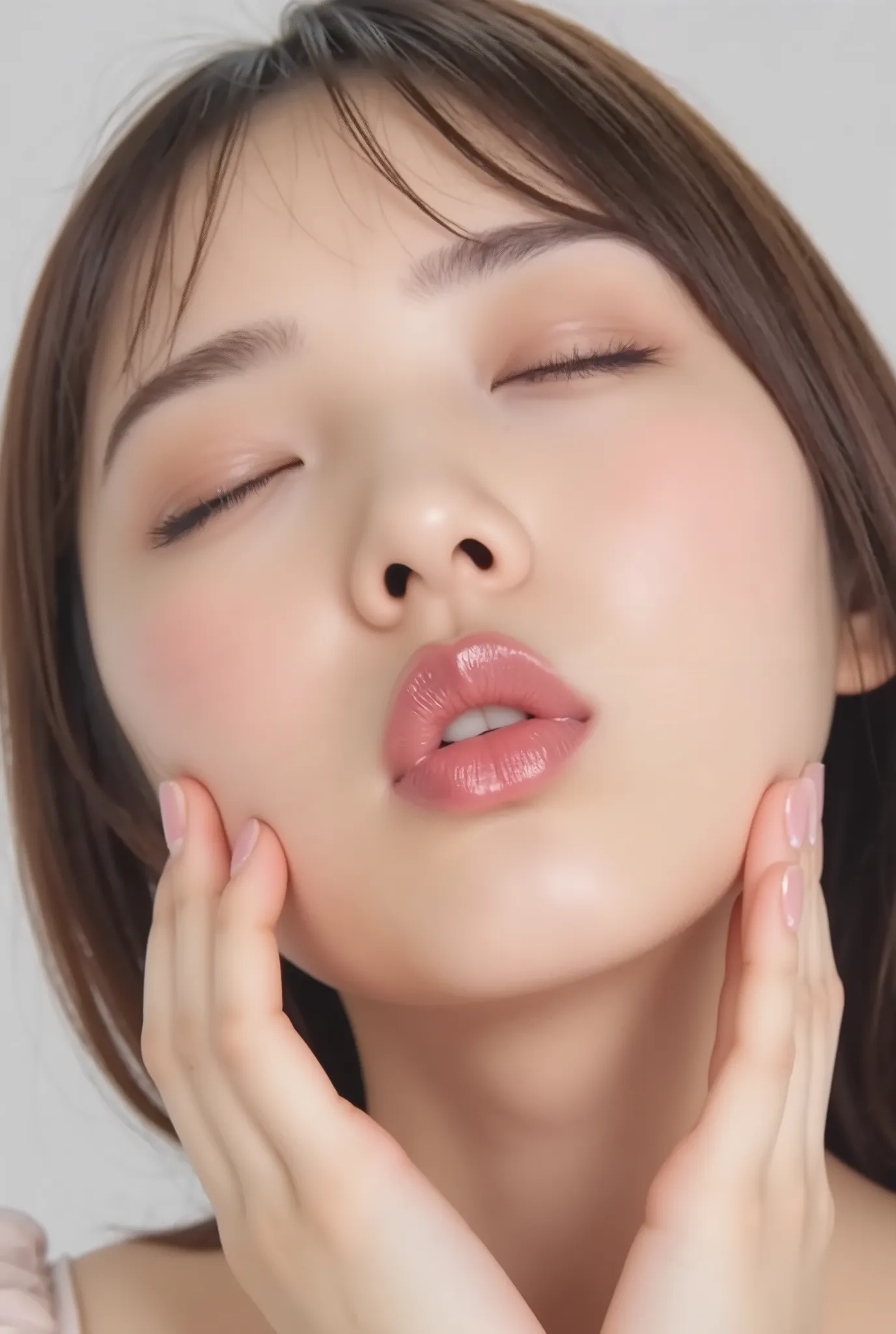 Extreme close-up of a beautiful young Japanese woman, cinematic soft lighting, white studio background. She's facing the camera with her eyes gently closed, cheeks slightly lifted in a loving smile. Her pink glossy lips are tightly puckered for a kiss, shi...