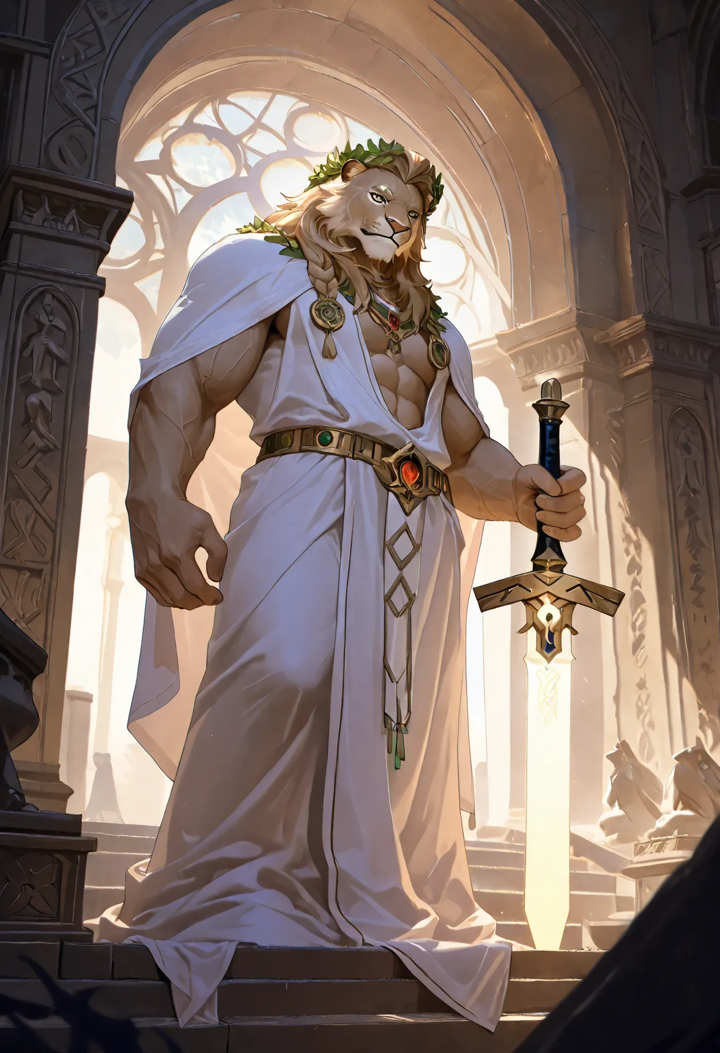 Best quality, masterpiece,ultra high res,detailed background,realistic, real shadow and light,depth of field, looking at the viewer, strong arm and veins, there is a male Lion, (Lion), commission for high res, bare chest, anthropomorphic, muscular chest, h...